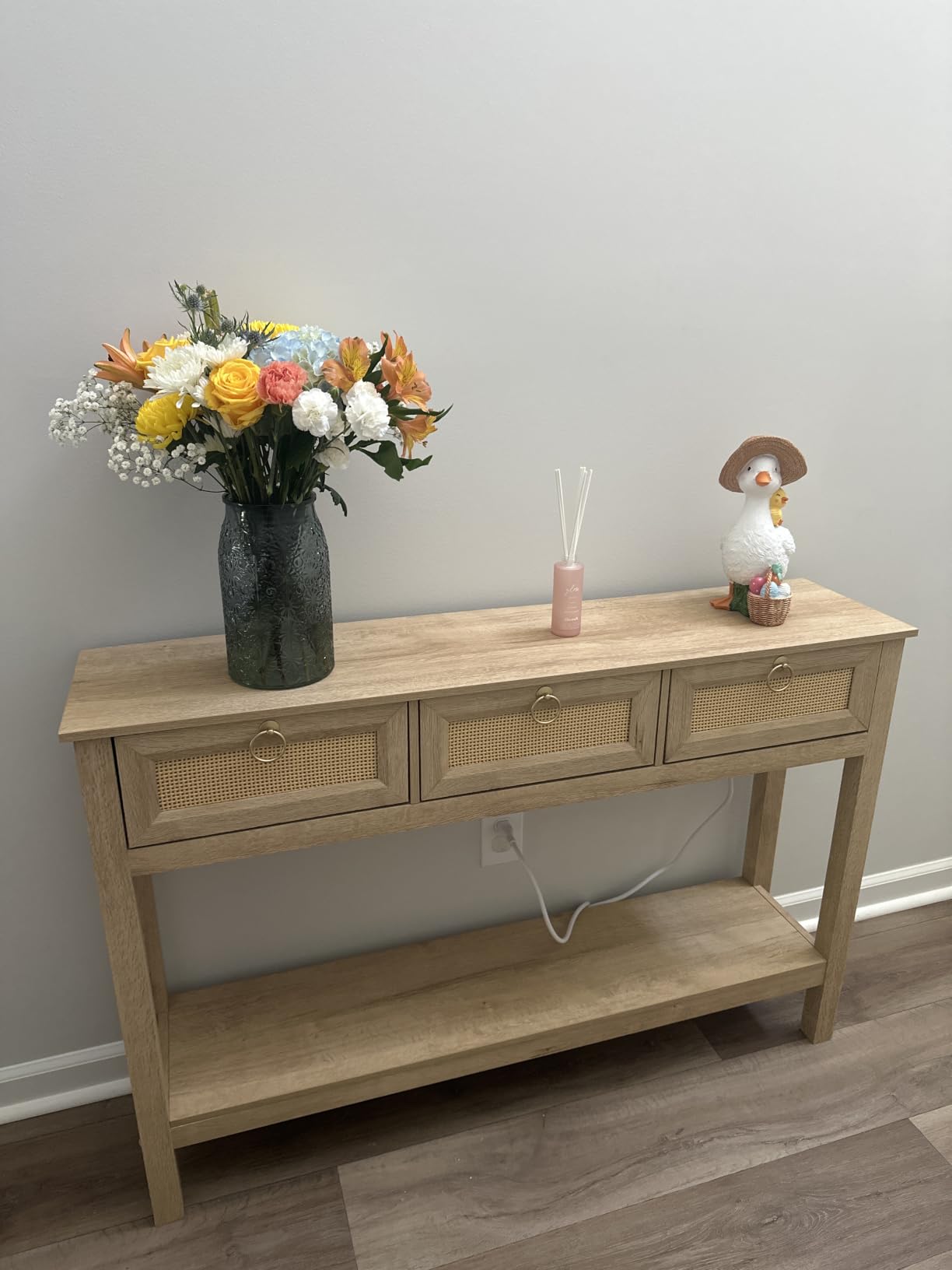 SUPERJARE Rattan Console Sofa Table with Outlets and USB-C Port, 3 Drawer Entryway Table with Synthetic Rattan Surface, Open Shelf, Behind Couch Entry Foyer Hallway Storage, Natural customer photo 2
