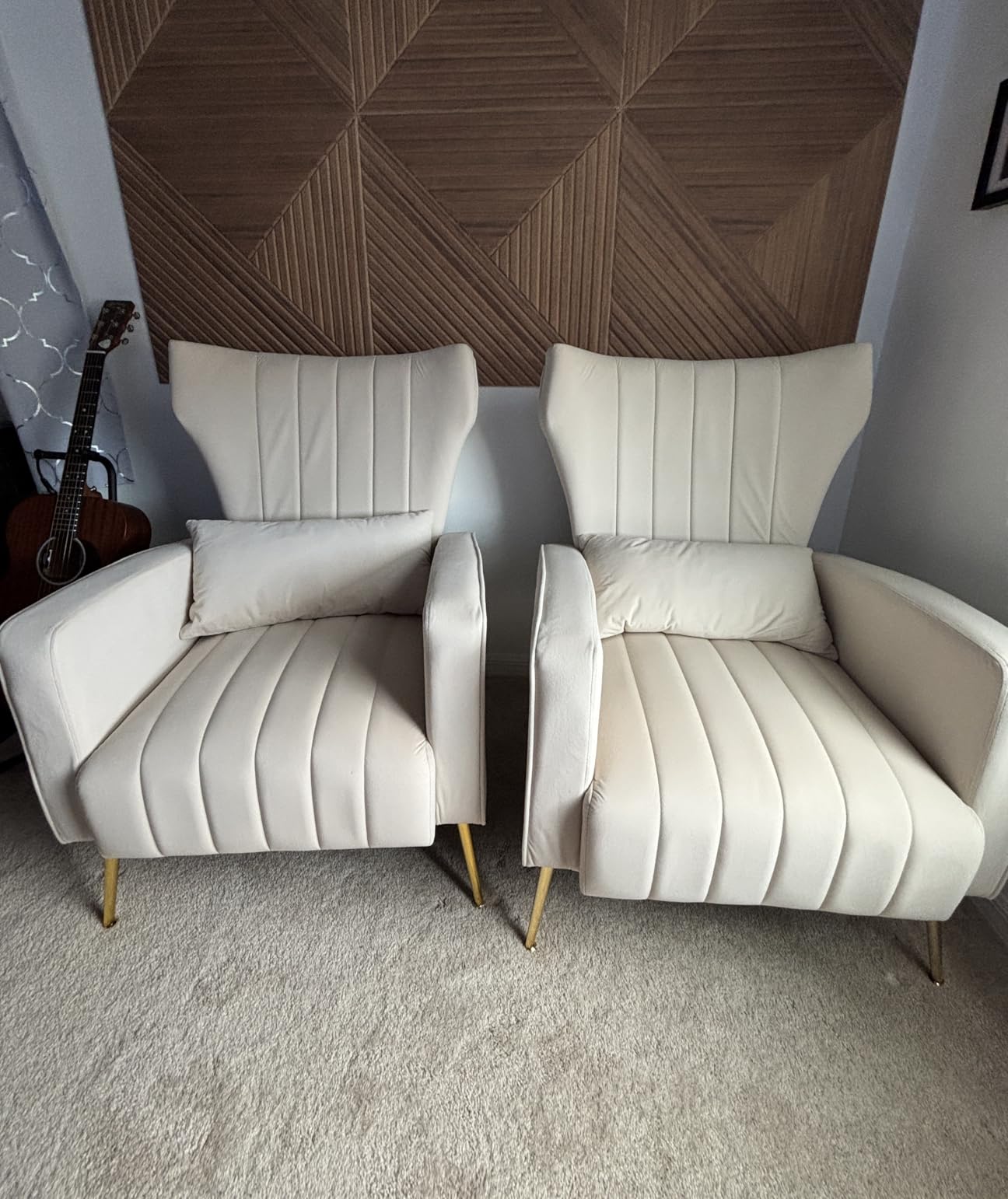 Velvet Accent Chair Set of 2, Wingback Armchair for Living Room, High Back Reading Chair with Golden Legs Lumbar Pillow customer photo 1