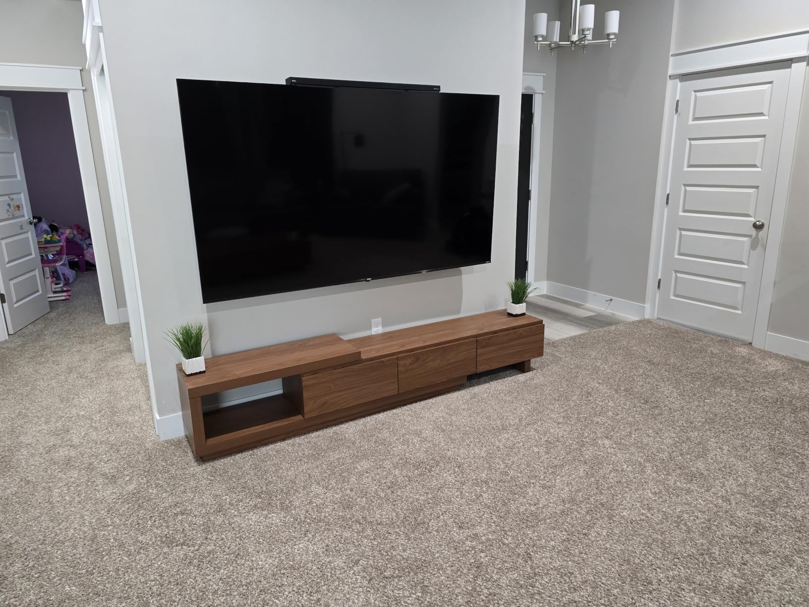 Extendable TV Stand for 65-100 Inches TVs - Walnut Entertainment Console with 3 Drawers & 1 Storage Compartment, Adjustable Length 68.5''-98.4'' customer photo 2