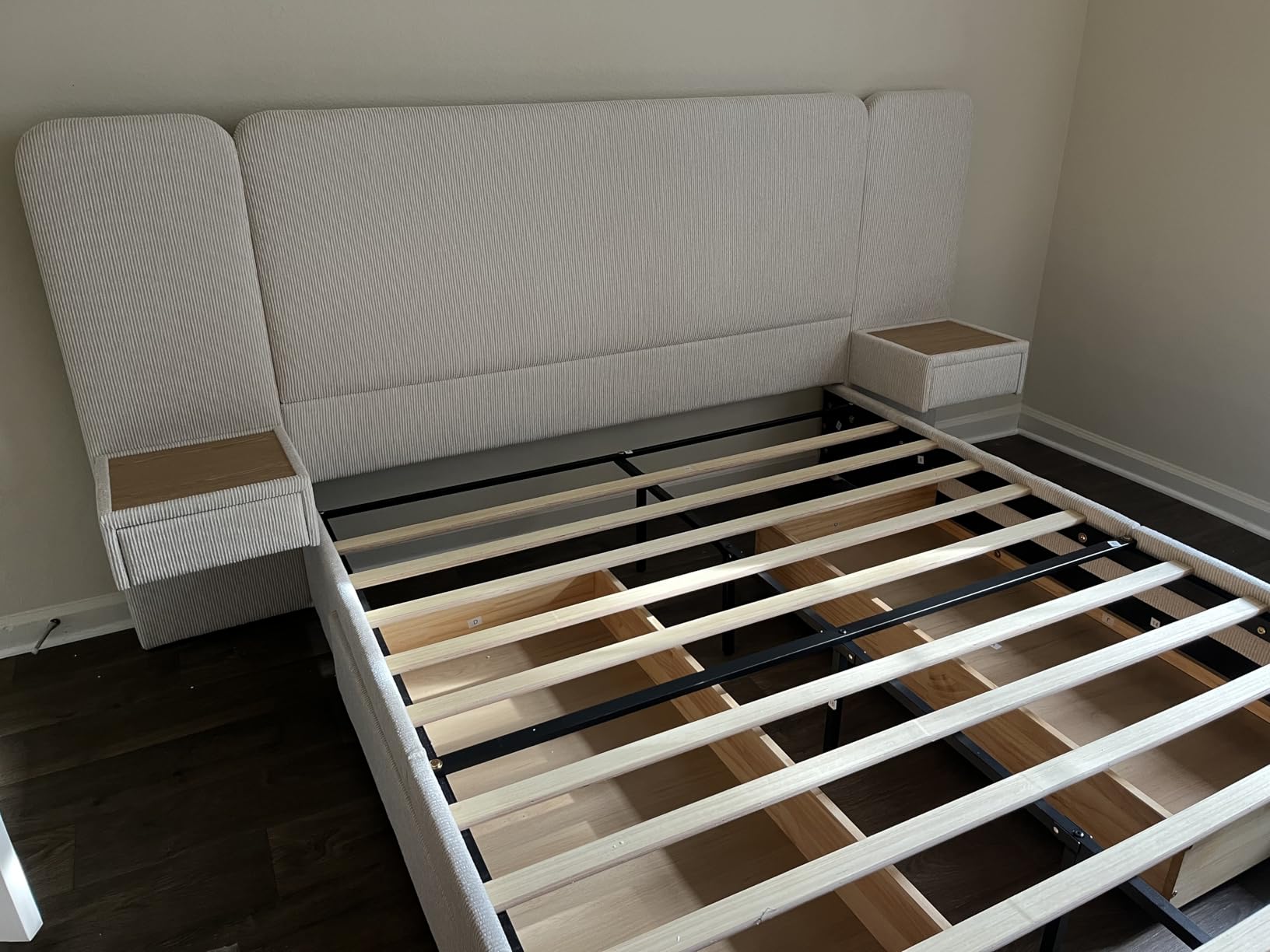 Queen Size Platform Bed Frame with 2 Drawers & Built-in Nightstands, Cream | Luxury Bed Frame with Chenille Upholstered Headboard, Easy Assembly, No Box Spring Needed customer photo 1
