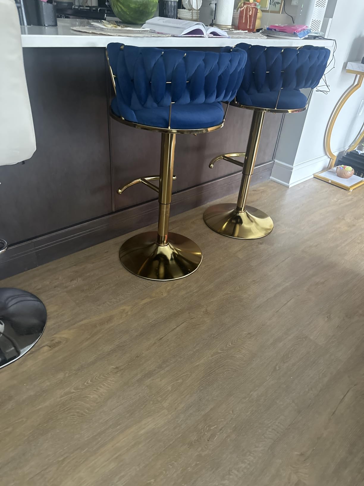 Riknuxi Velvet Bar Stools Set of 3, Counter Height Barstools with Low Back, Gold Swivel Bar Stool for Kitchen Island, Pub (Beige) customer photo 1