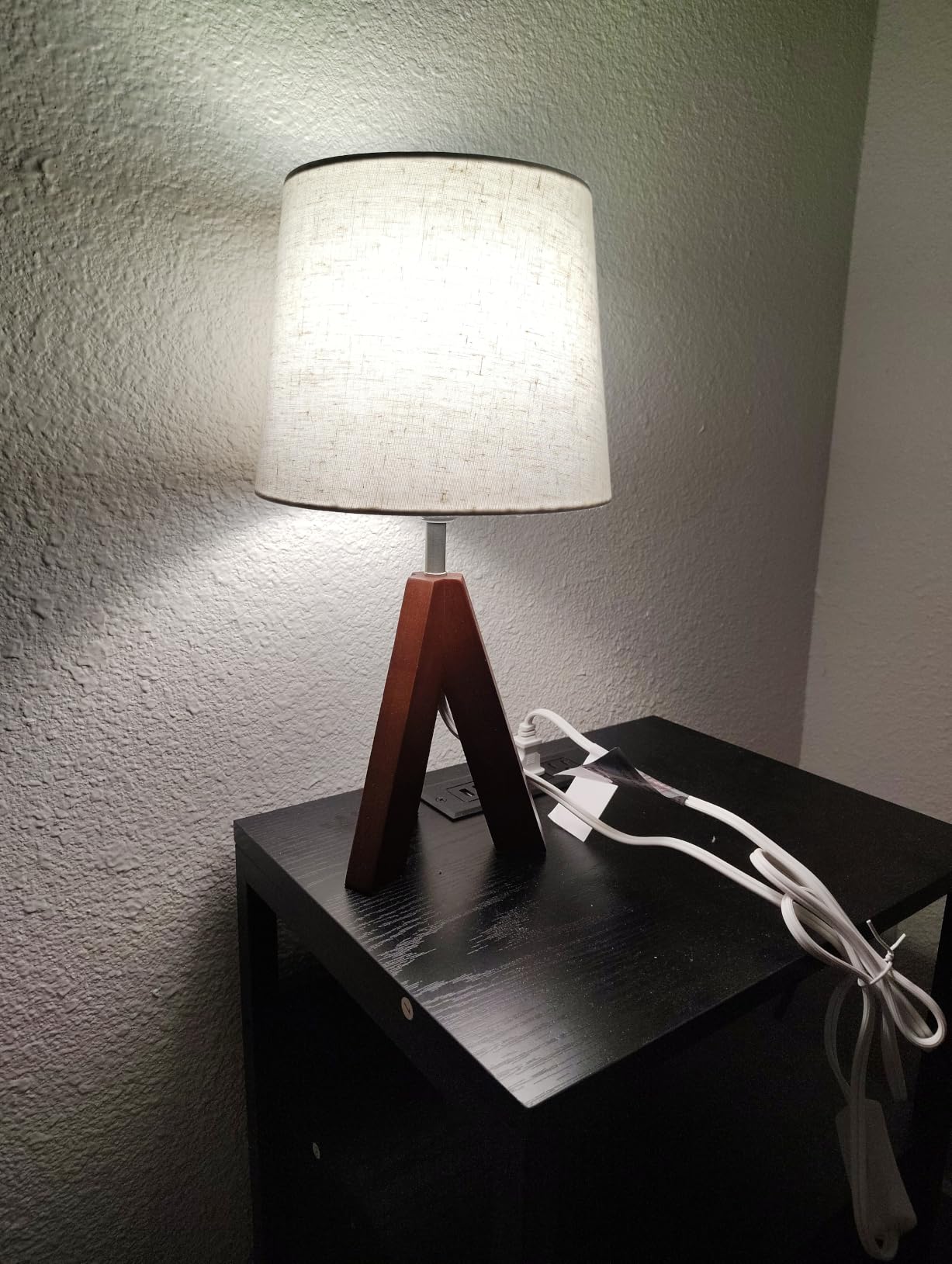 Tripod Table Lamp, 14.6 Inch Small Bedside Lamp with Beige Linen Shade, Modern Nightstand Lamp for Bedroom, Kids Room, Living Room, Nursery, Office, E26 Socket, Dark Wood Base customer photo 1