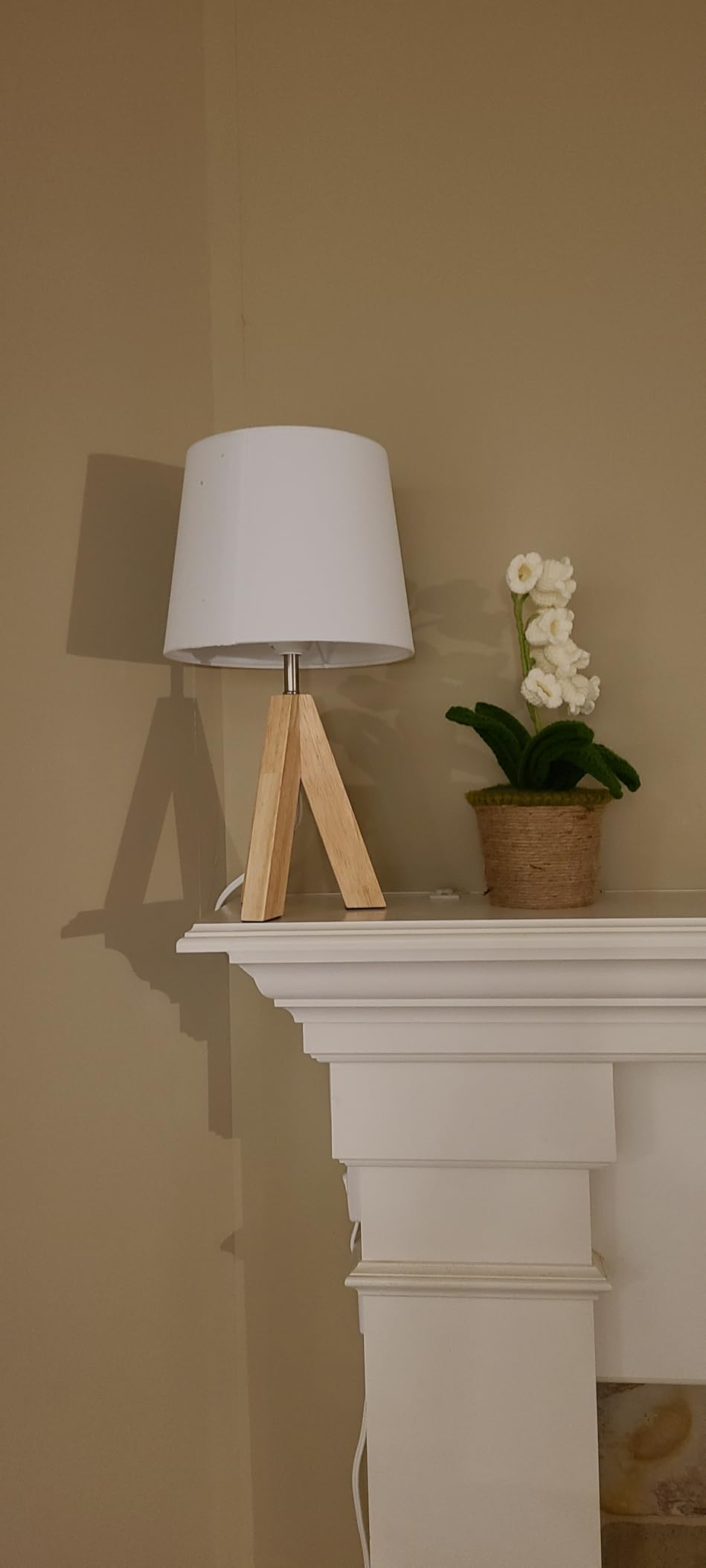 Tripod Table Lamp, 14.6 Inch Small Bedside Lamp with Beige Linen Shade, Modern Nightstand Lamp for Bedroom, Kids Room, Living Room, Nursery, Office, E26 Socket, Dark Wood Base customer photo 2