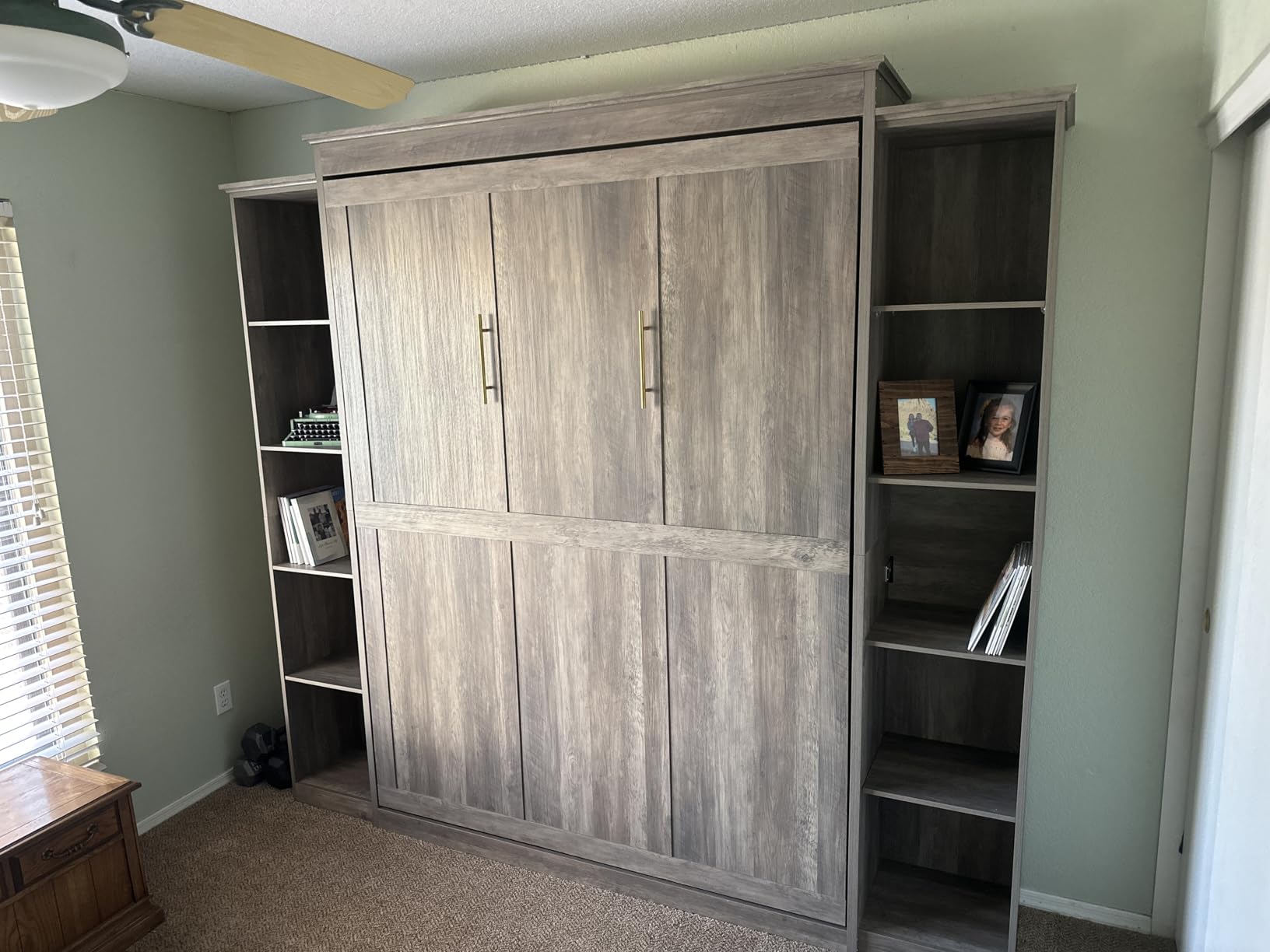Queen Size Murphy Bed with 2 Storage Cabinet, Farmhouse Wood Hidden Foldable Wall Bed Frame, Space Saving Beds with Shelves, Murphy Bed Queen for Guest Room, Apartment, Office, Bedroom, White customer photo 1
