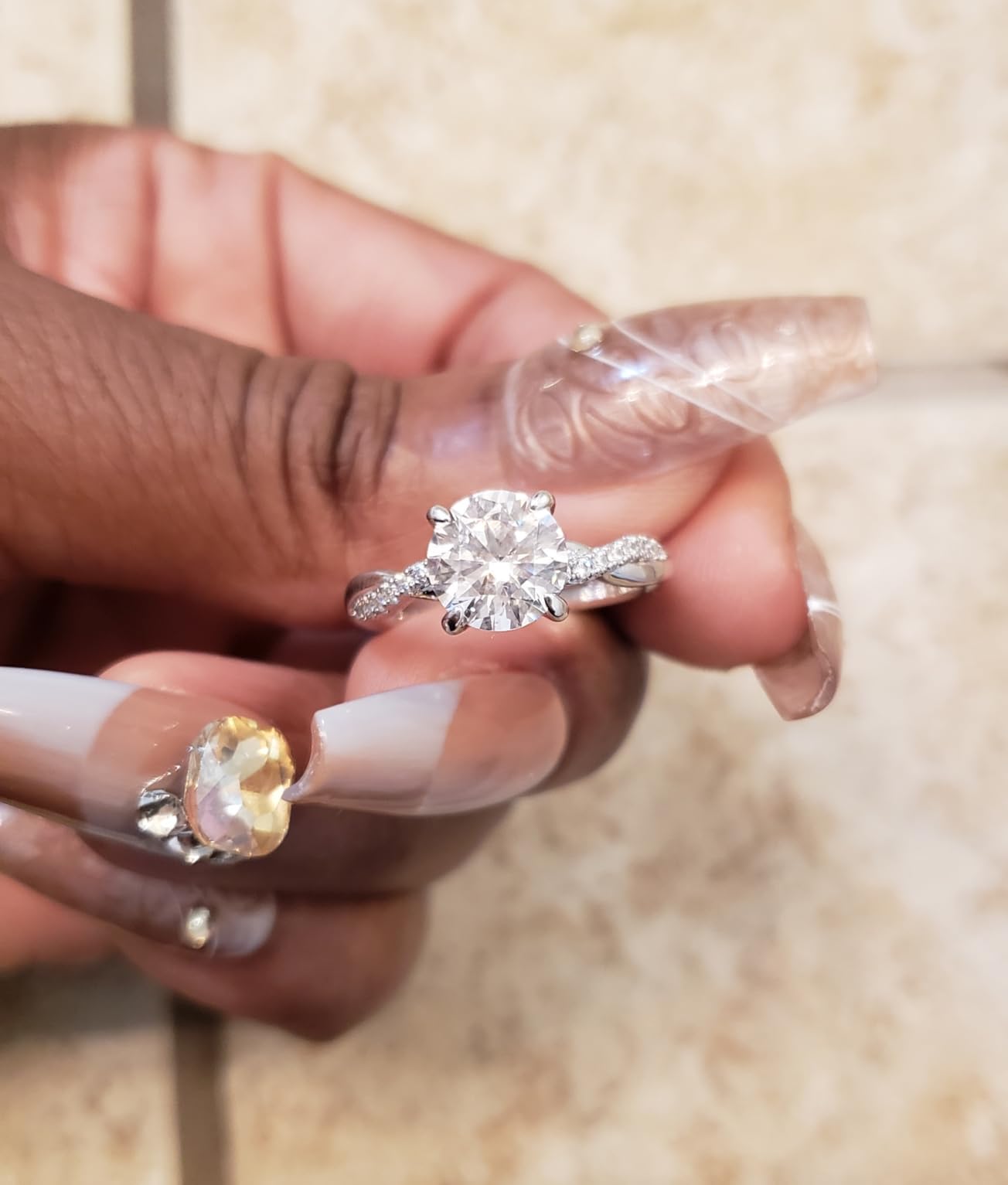 14K White Gold Twisted Ring 14K Gold 2CT Round Cut Twisted Moissanite Engagement Ring 4-Prong Solitaire Moissanite Rings for Women customer photo 2