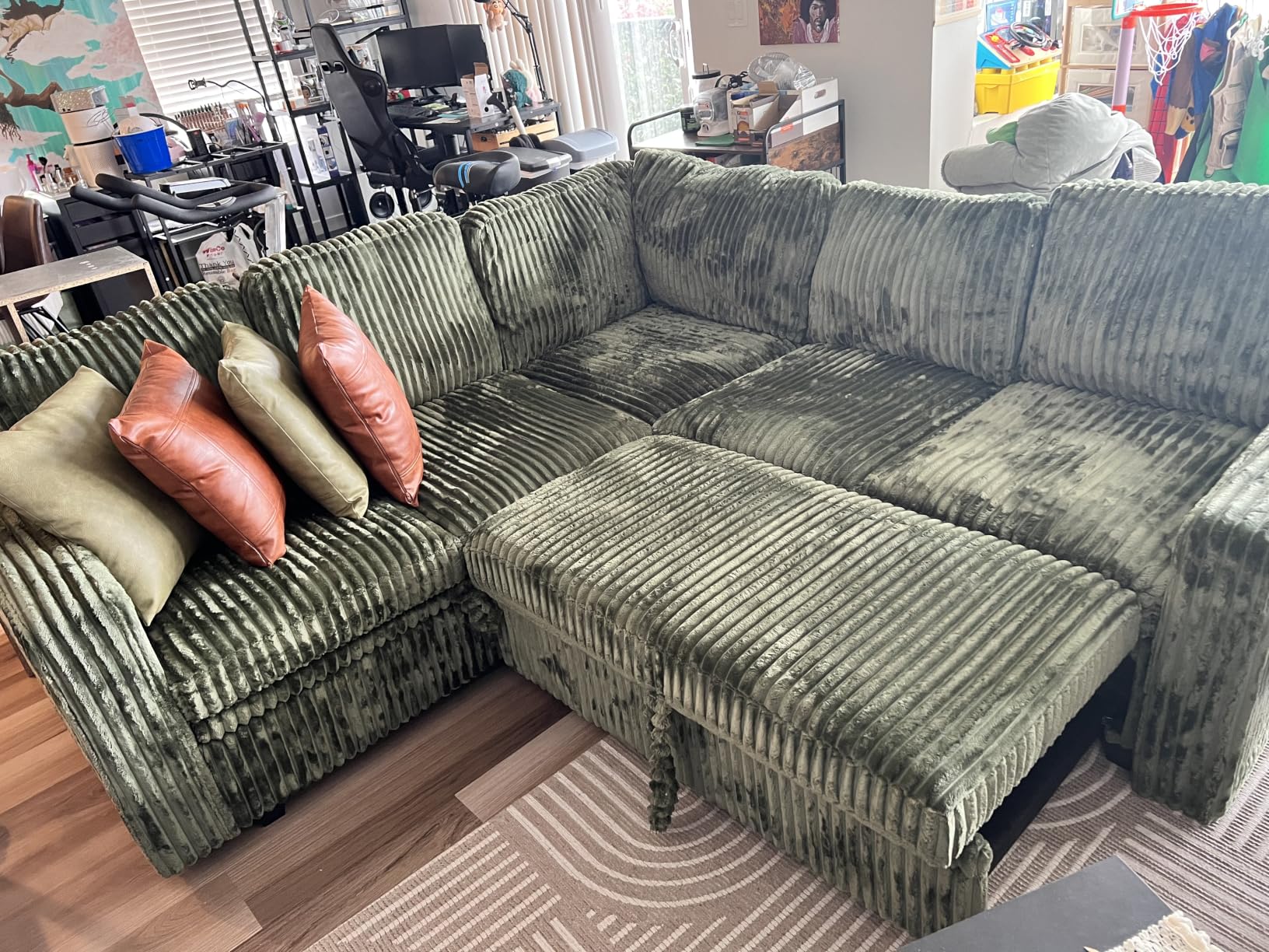 HONBAY Modular Sectional Sleeper Sofa with Pull Out Bed, Corduroy U Shaped Couch with Storage, Sectional Couches for Living Room, Green customer photo 1