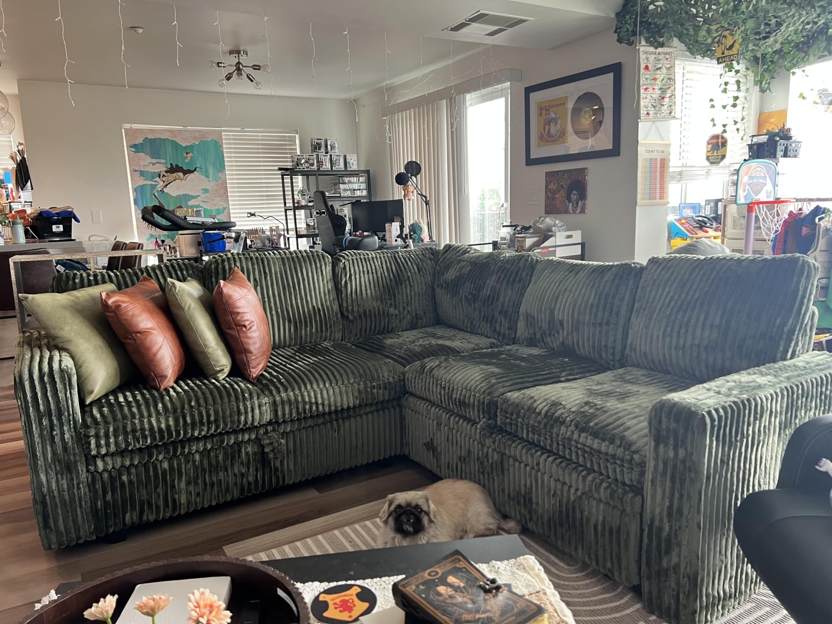 HONBAY Modular Sectional Sleeper Sofa with Pull Out Bed, Corduroy U Shaped Couch with Storage, Sectional Couches for Living Room, Green customer photo 2