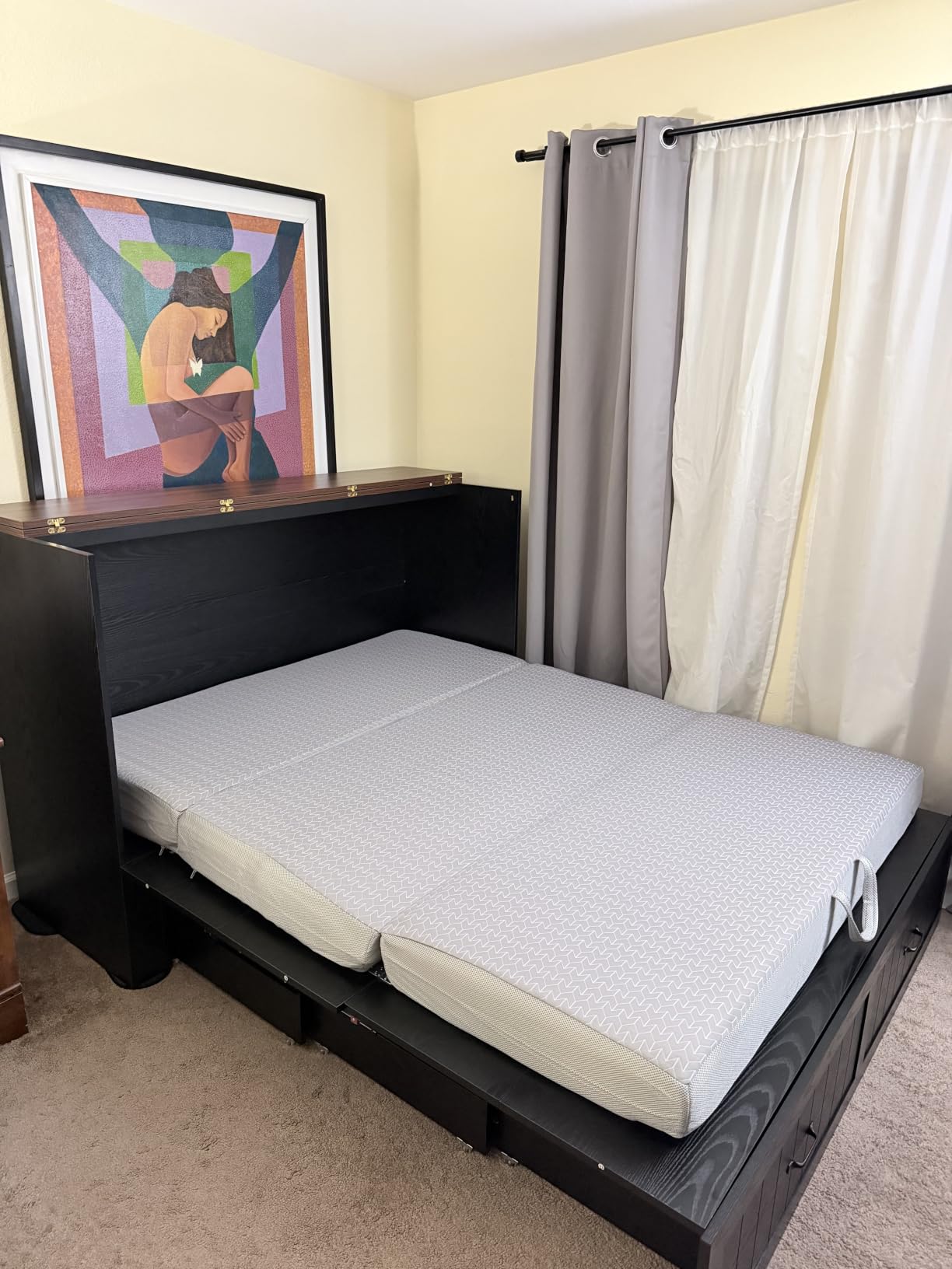 Full Murphy Bed with Charging Station, Farmhouse Noisy-Free Foldable Cabinet Bed Frame with Storage Drawer, Space Saving Hideaway Wall Bed for Guest Bedroom, Living Room, Office, Black customer photo 1