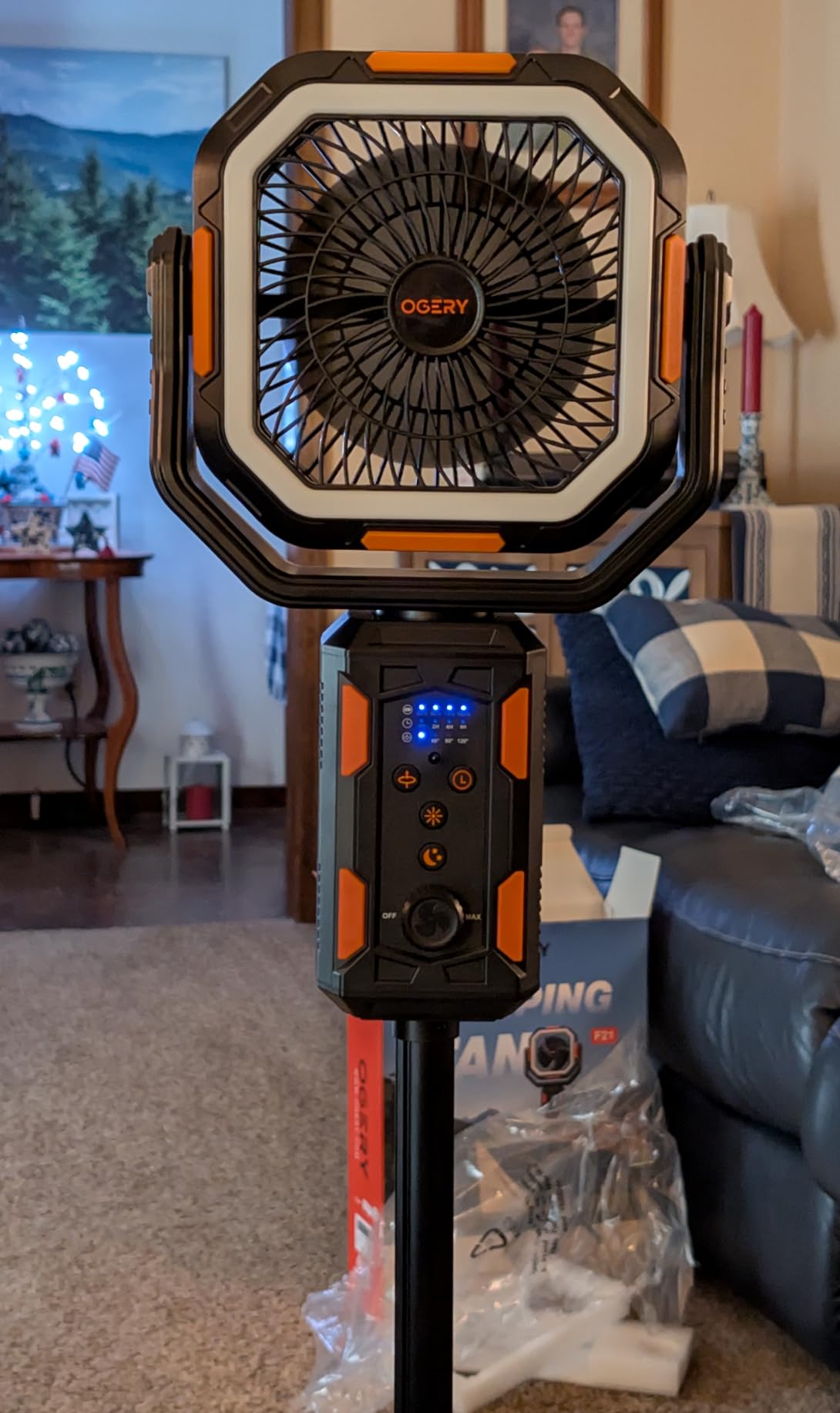 Camping Fan, Portable Fan with Adjustable Height Stand, 20000mAh Rechargeable Battery Powered Fan with Remote, LED Light, Auto Oscillation, Fast Charging, Floor or Desk Fan for Tent, RV, Travel customer photo 1