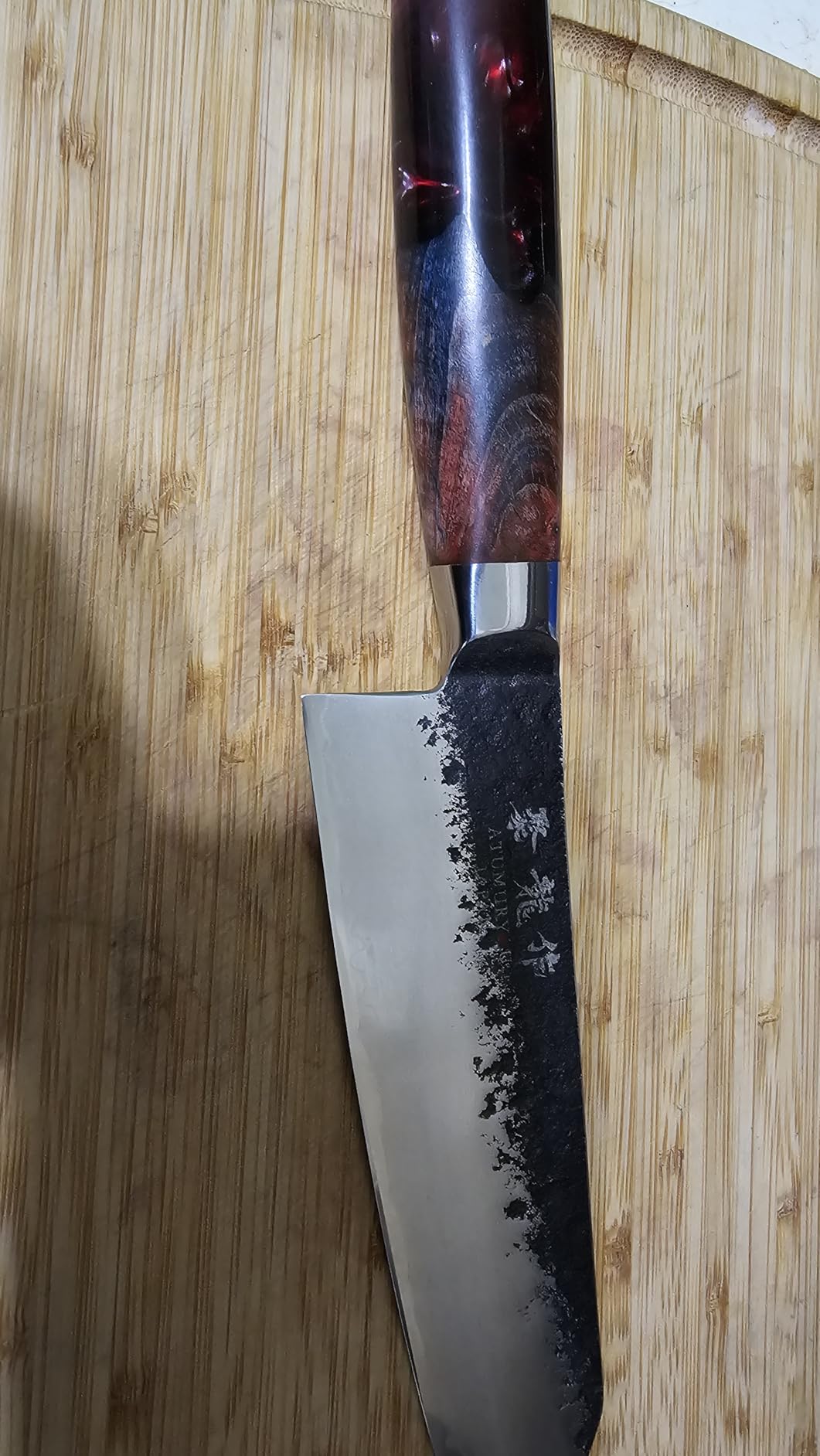 7'' Japanese Santoku Chef Knife, 3-Layer VG10 Steel Core | San-Mai Kurouchi Finish, 62 HRC Hardness, Smooth Push Cuts, Balanced Blade Control, Resin Wood Handle, Premium Gift Box customer photo 2