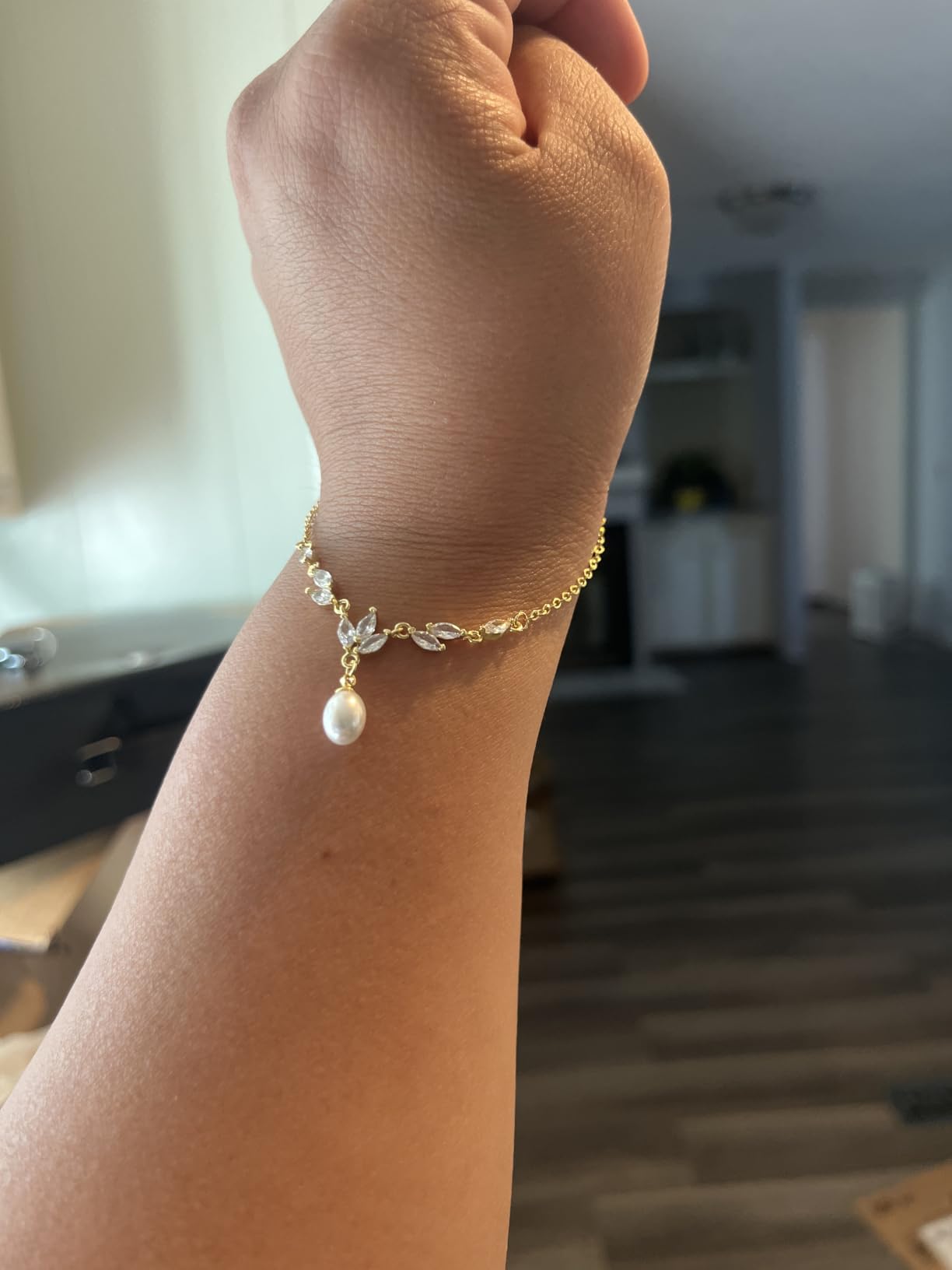 Pearl Gold Necklace Women Pendant Prom CZ Wedding Jewelry | Dainty Design, Mothers Day gift, Bridesmaid, Everyday Wear, Adjustable Chain Length, Sparkly Diamond customer photo 1
