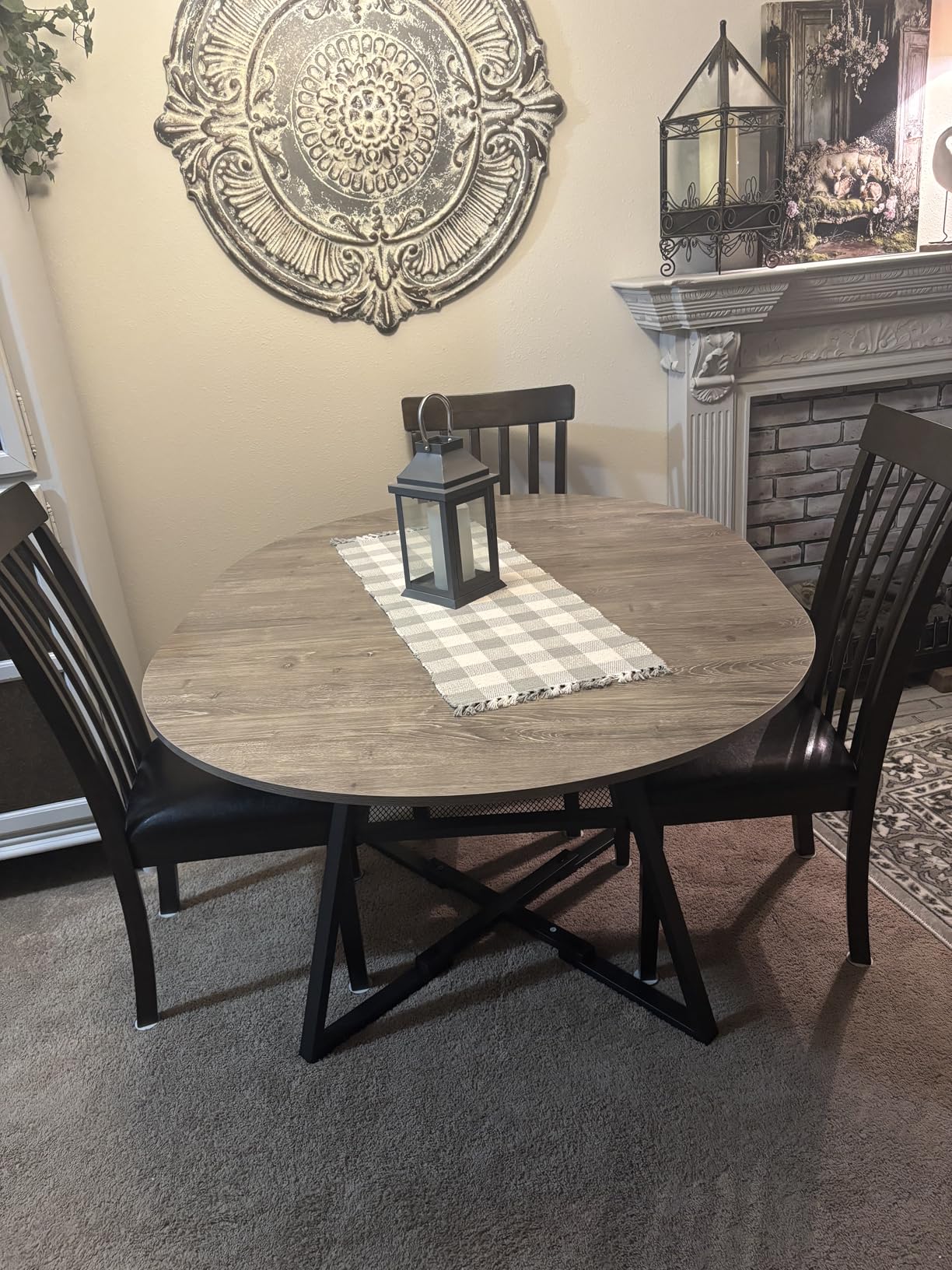 43-57 inches Extendable Round Dining Table for 4-6, Modern Industrial Kitchen Oval Dining Table with Removable Leaves, Space Saving Pedestal Base with Storage Shelf for Kitchen Living Room (Rustic) customer photo 1