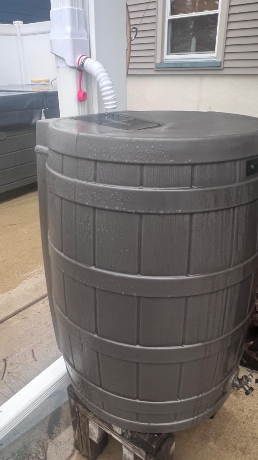Good Ideas Rain Wizard Water Collection Barrel, 50 Gallon, Oak | Faux Wood Design - Plastic Outdoor Home Rain Barrel, Rainwater Storage Collector with Metal Spigot and Flat Back customer photo 2