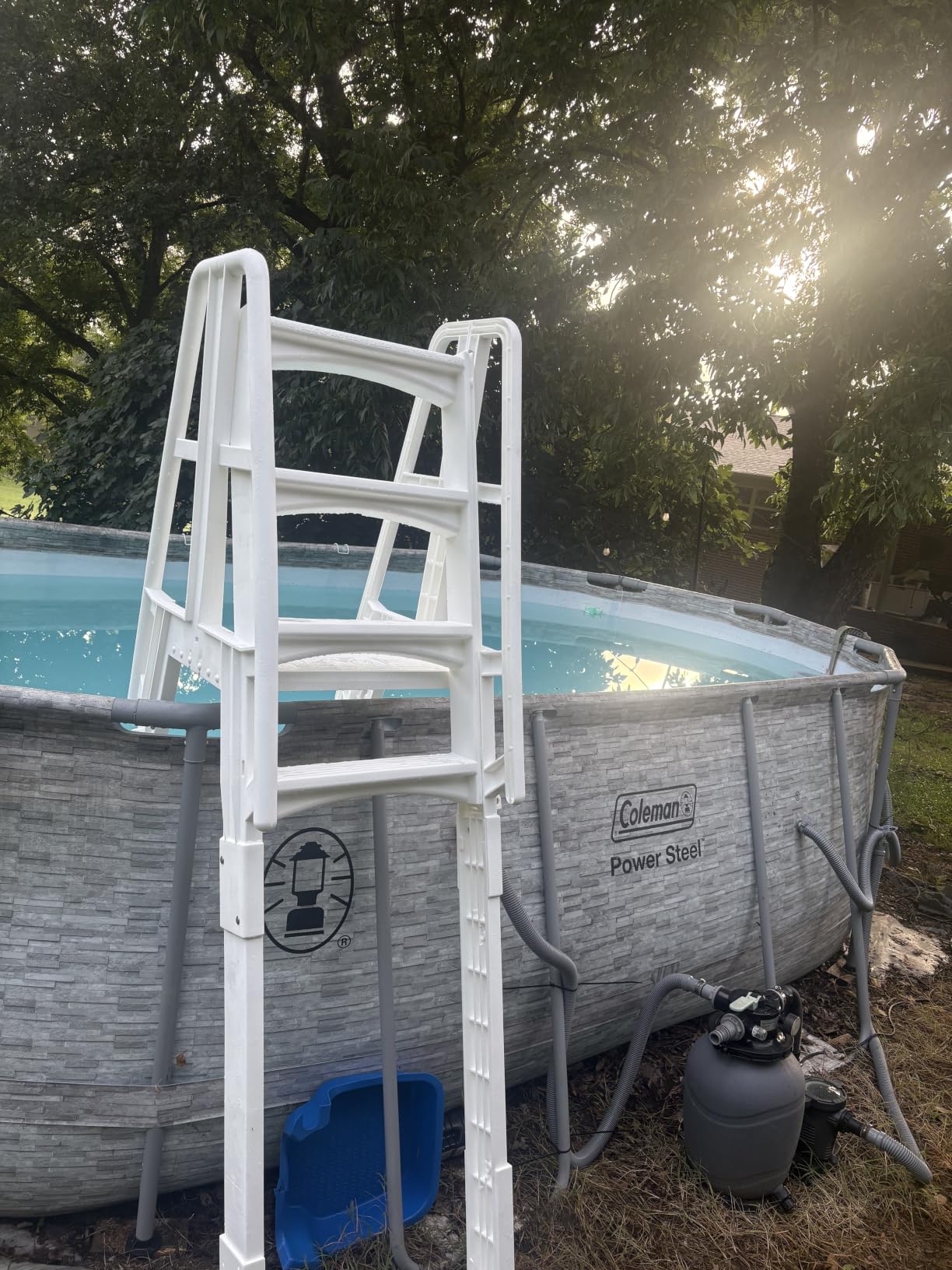 Vinyl Works SLA A-Frame 48 to 56 Inch Adjustable Above Ground Swimming Pool Ladder Entry System with Slide Lock Barrier and Handrails, White customer photo 2