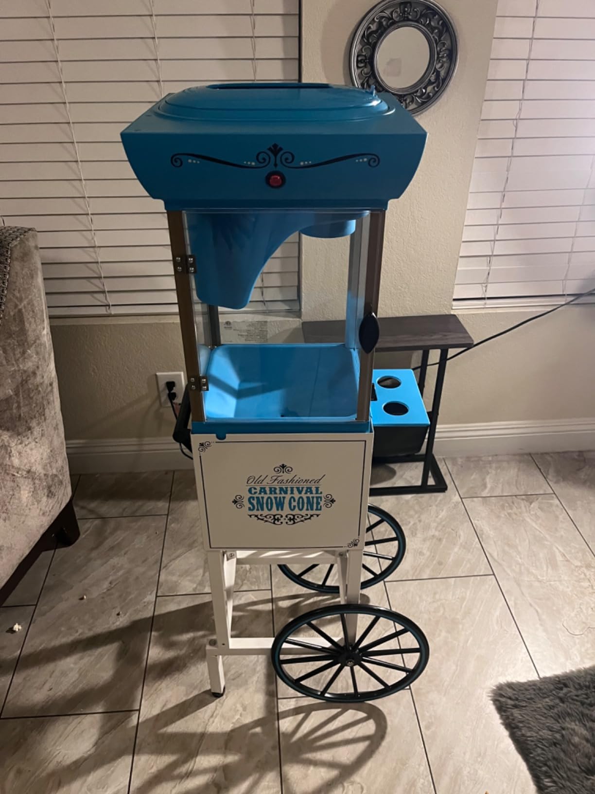 Nostalgia Snow Cone Shaved Ice Machine - Retro Cart Slushie Machine Makes 48 Icy Treats - Includes Metal Scoop, Storage Compartment, Wheels for Easy Mobility - White, Blue customer photo 2