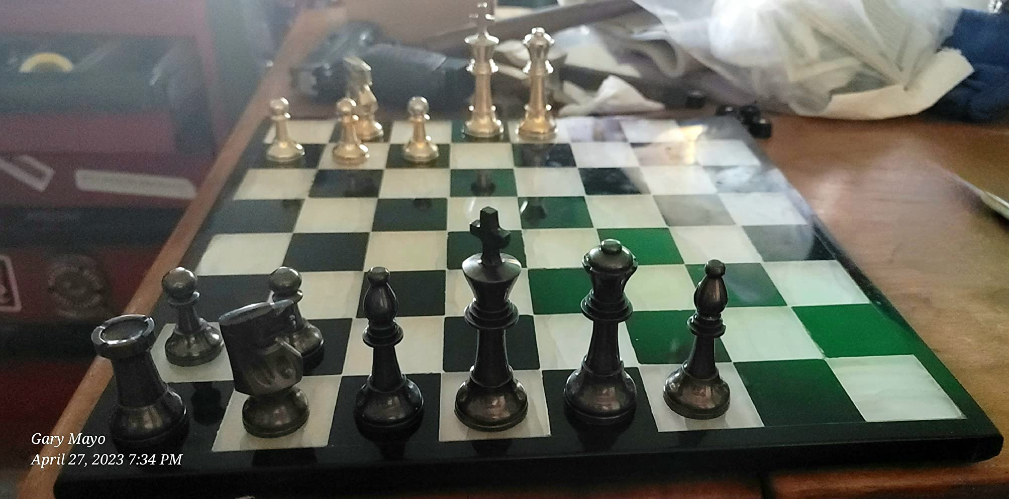 StonKraft Collectible Green Marble Chess Board Set + Brass Crafted Pieces Pawns - Decorative Stone Chess - Home Decor - 20