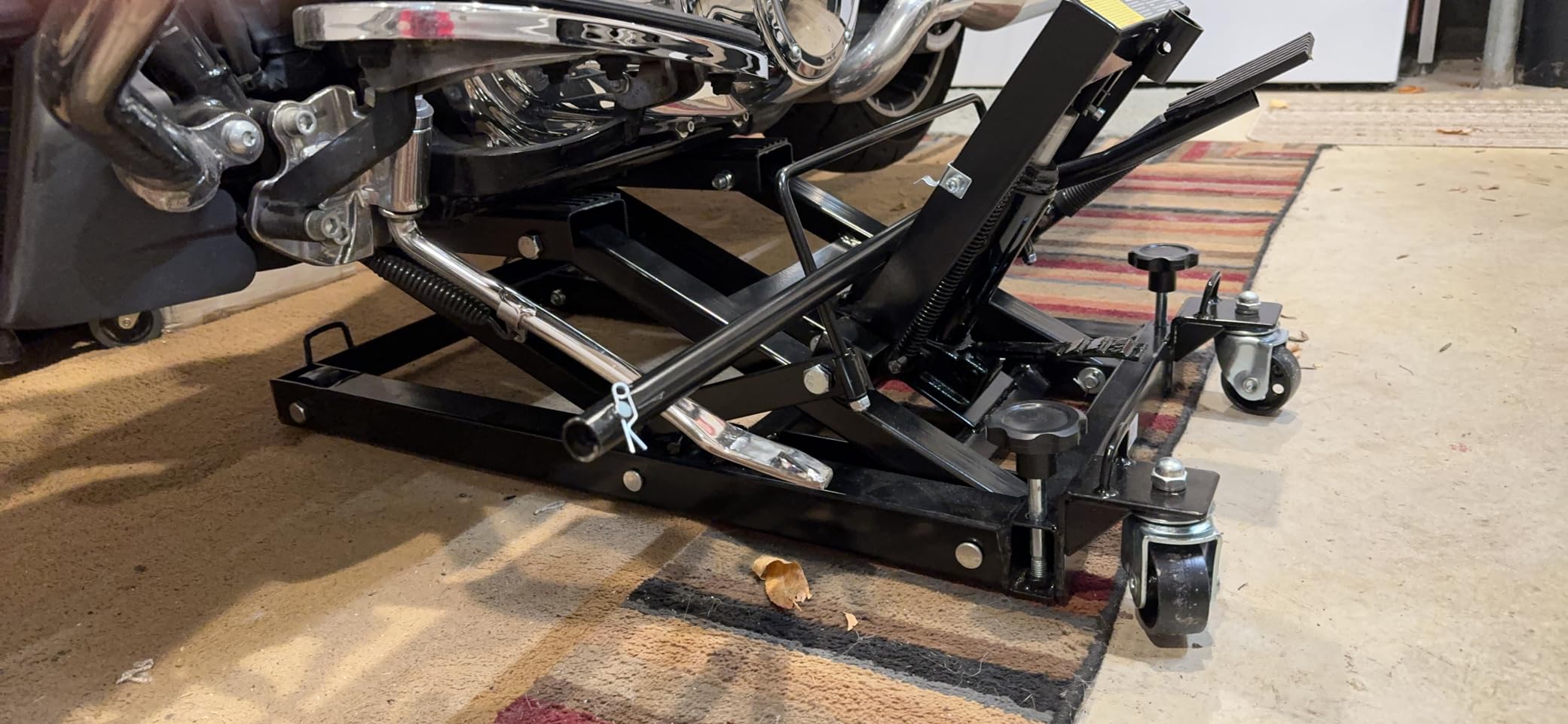 Black Widow Motorcycle or ATV Lift Jack Stand Hydraulic, Steel, 1,500 lb - Foot pedal operation or air compressor, 1,500 lb cap, 16