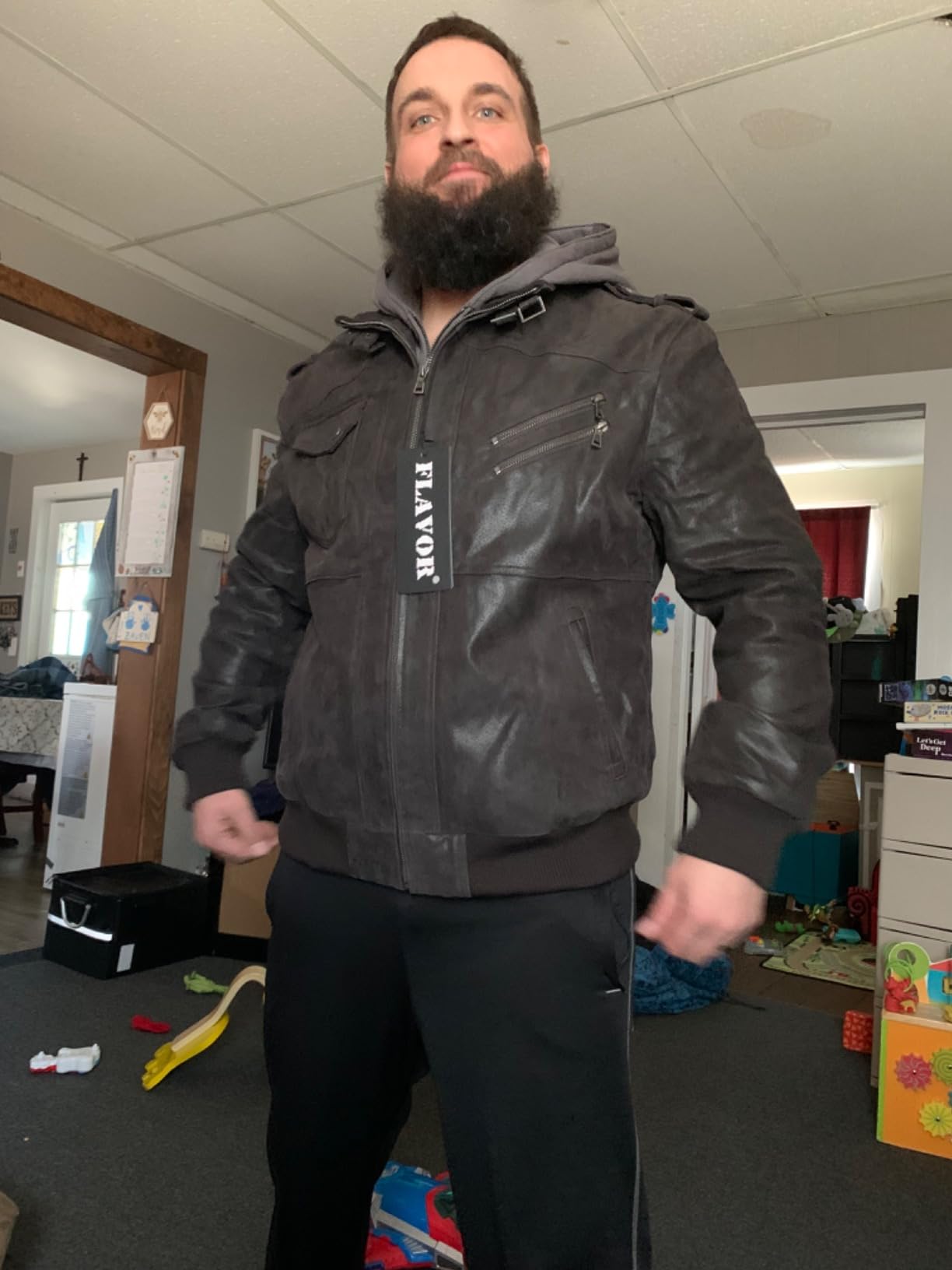 FLAVOR Men Brown Leather Motorcycle Jacket with Removable Hood | Genuine Leather, Removable Hood, Windproof, Multi Pockets customer photo 2