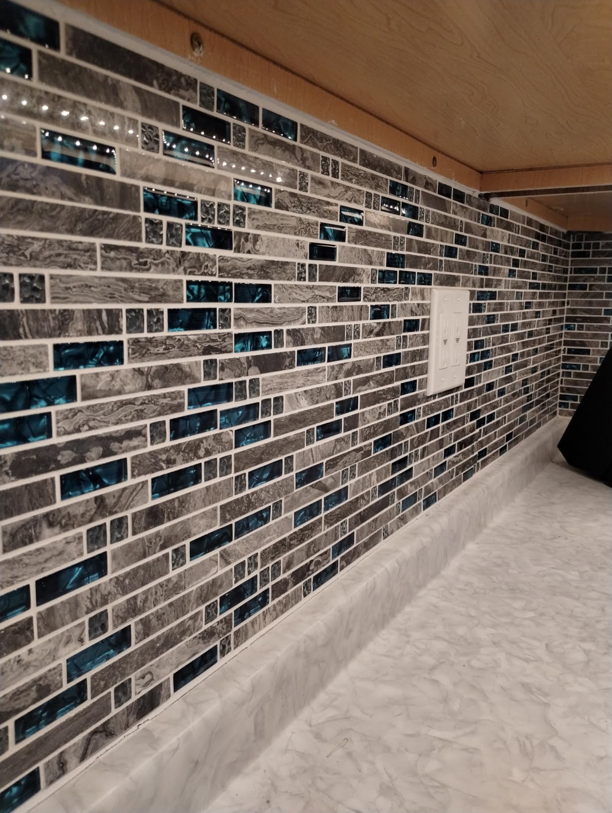 Blujellyfish Gray Marble Tile for Kitchen Backsplash 12 in. x 12 in. x 8 mm Teal Blue Glass Mosaic Bathroom Shower Wall Linear Tiles (Pack of 5 Sheets) customer photo 1