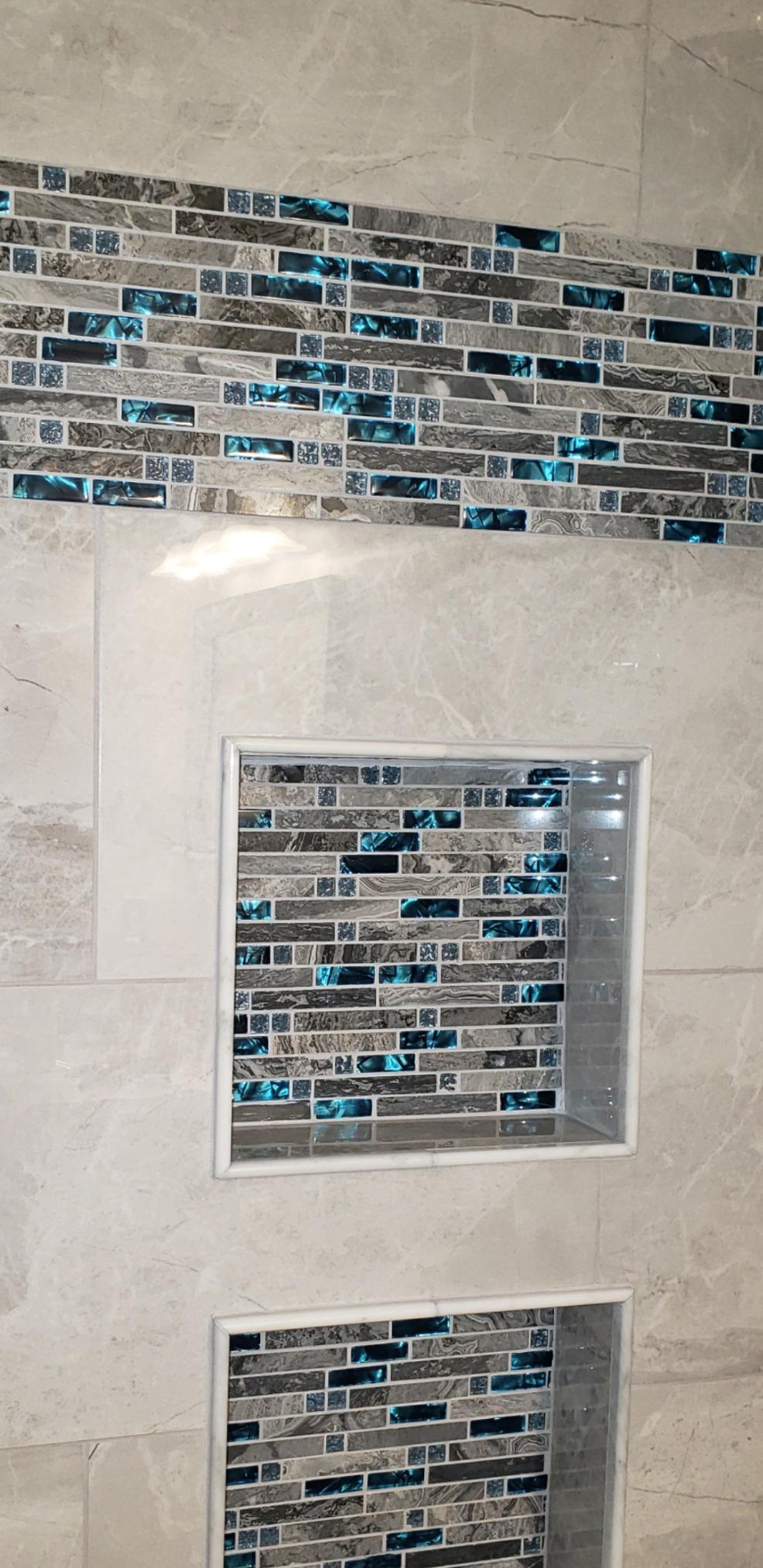 Blujellyfish Gray Marble Tile for Kitchen Backsplash 12 in. x 12 in. x 8 mm Teal Blue Glass Mosaic Bathroom Shower Wall Linear Tiles (Pack of 5 Sheets) customer photo 2