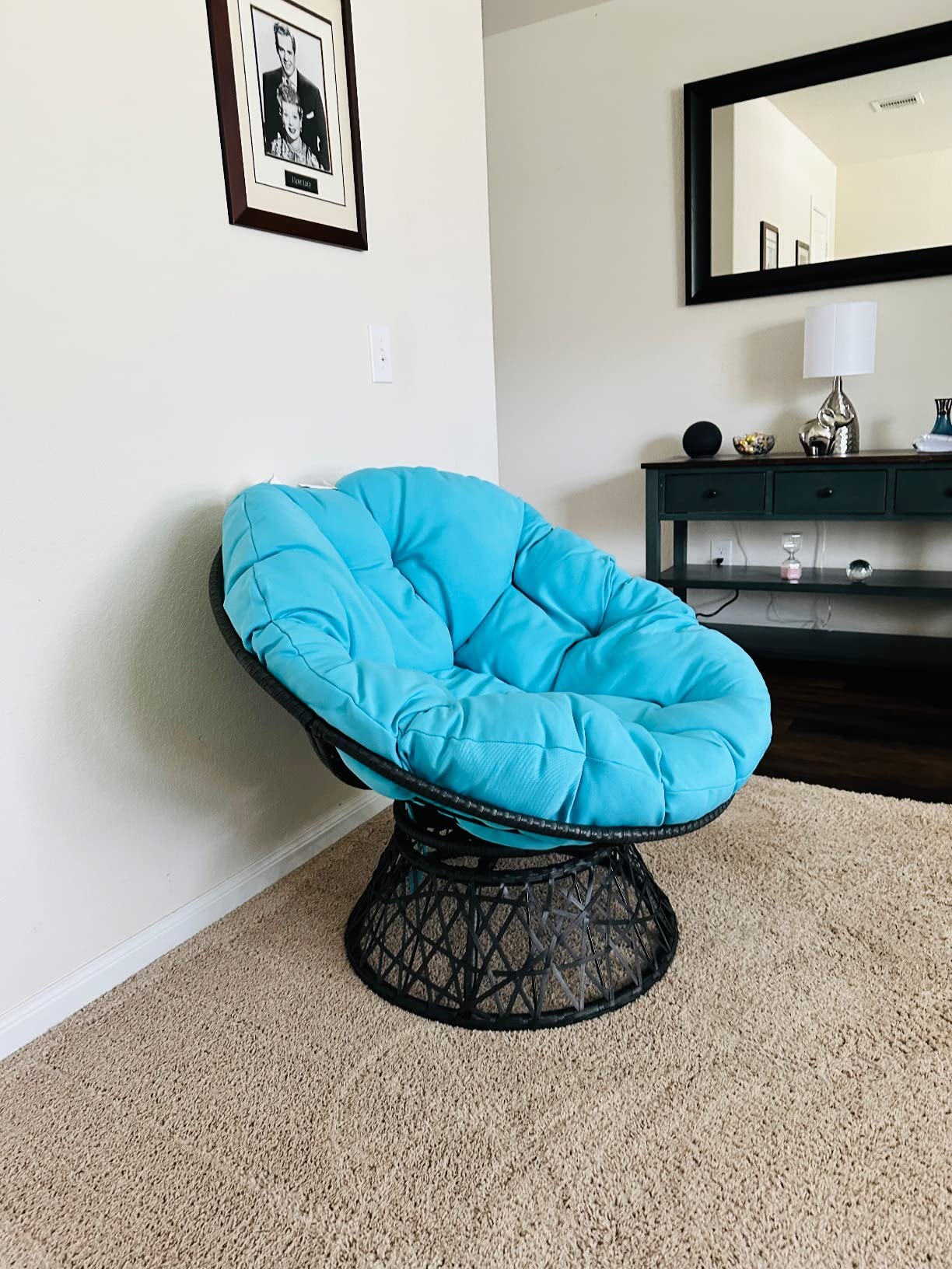 OSP Home Furnishings Wicker Papasan Chair with 360-Degree Swivel, Grey Frame with Blue Cushion customer photo 2