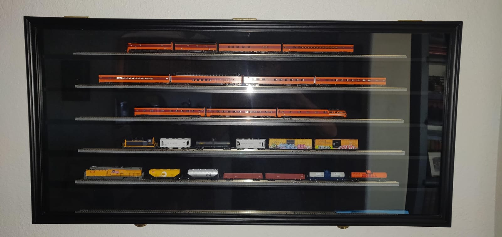 HO Scale Model Train Display Case Rack Wall Cabinet Wall Shelves Compatible with Hot Small Car Wheels 1:64 ad 1:43 Scale Toy Cars w/98% UV Protection- Lockable (Black Finish) customer photo 2