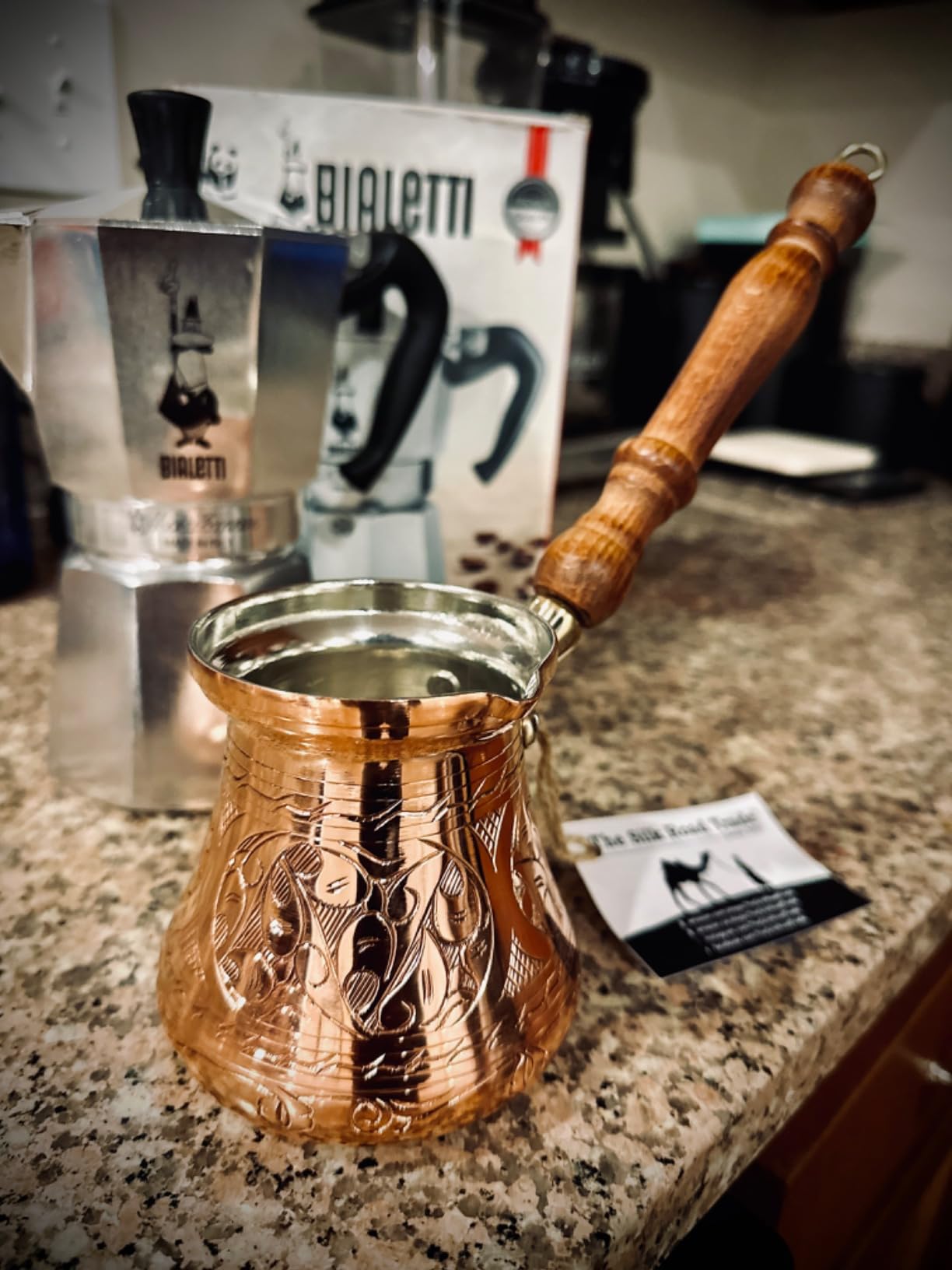 PC Series (Small- 6 fl oz) - Thickest Solid Copper Engraved Turkish Greek Arabic Coffee Pot Wooden Handle Heavy Duty, Stovetop Coffee Maker, Jazzve, Cezve, Ibrik with Hammered Base customer photo 2
