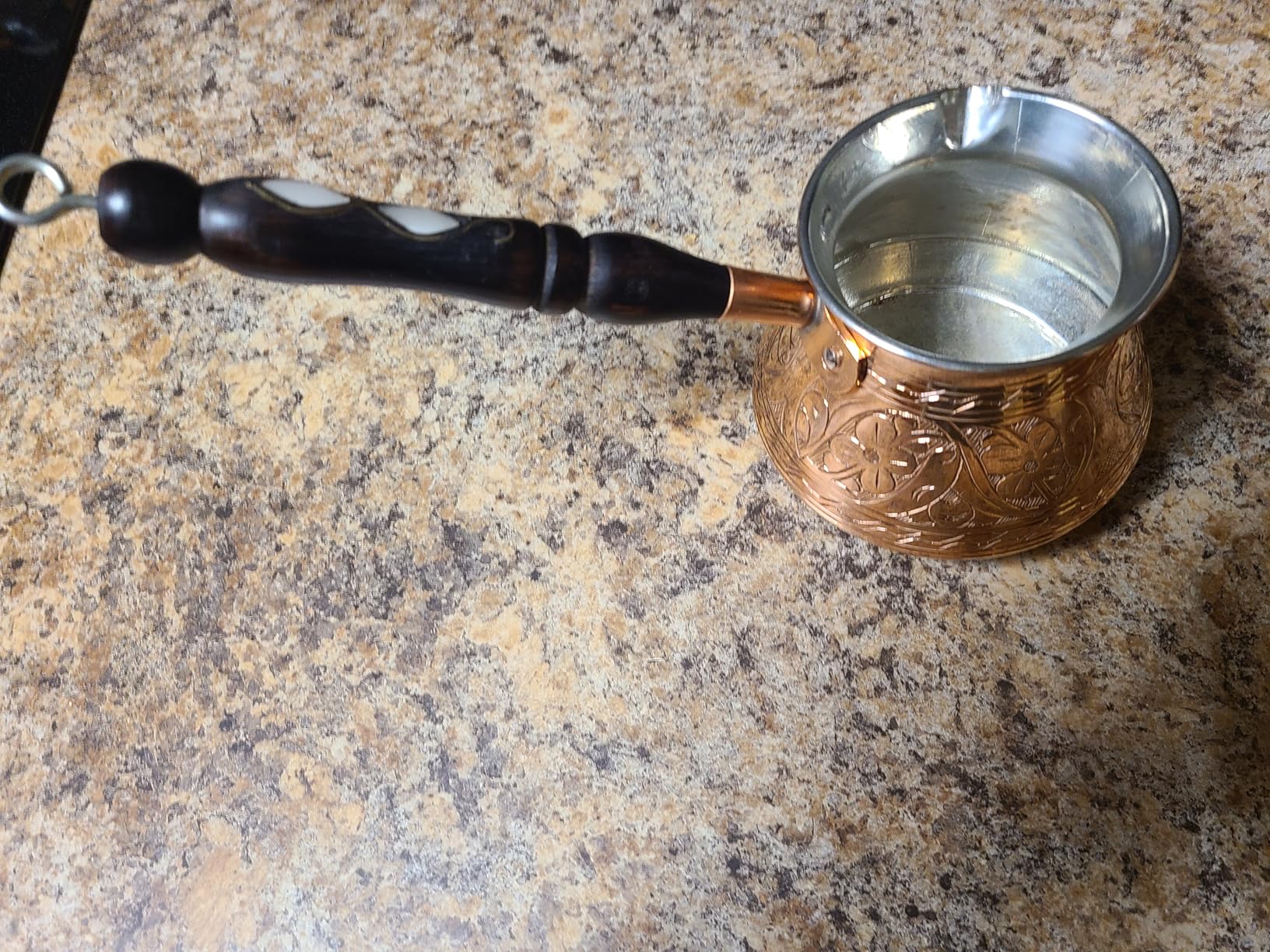 DEMMEX Copper Turkish Coffee Pot Cezve Ibrik Greek Coffee Briki Stovetop Coffee Maker with Wooden Handle & Spoon, 1mm Thick Copper, Handmade & Engraved in TURKEY, 9 fl Oz - 3 Servings customer photo 1