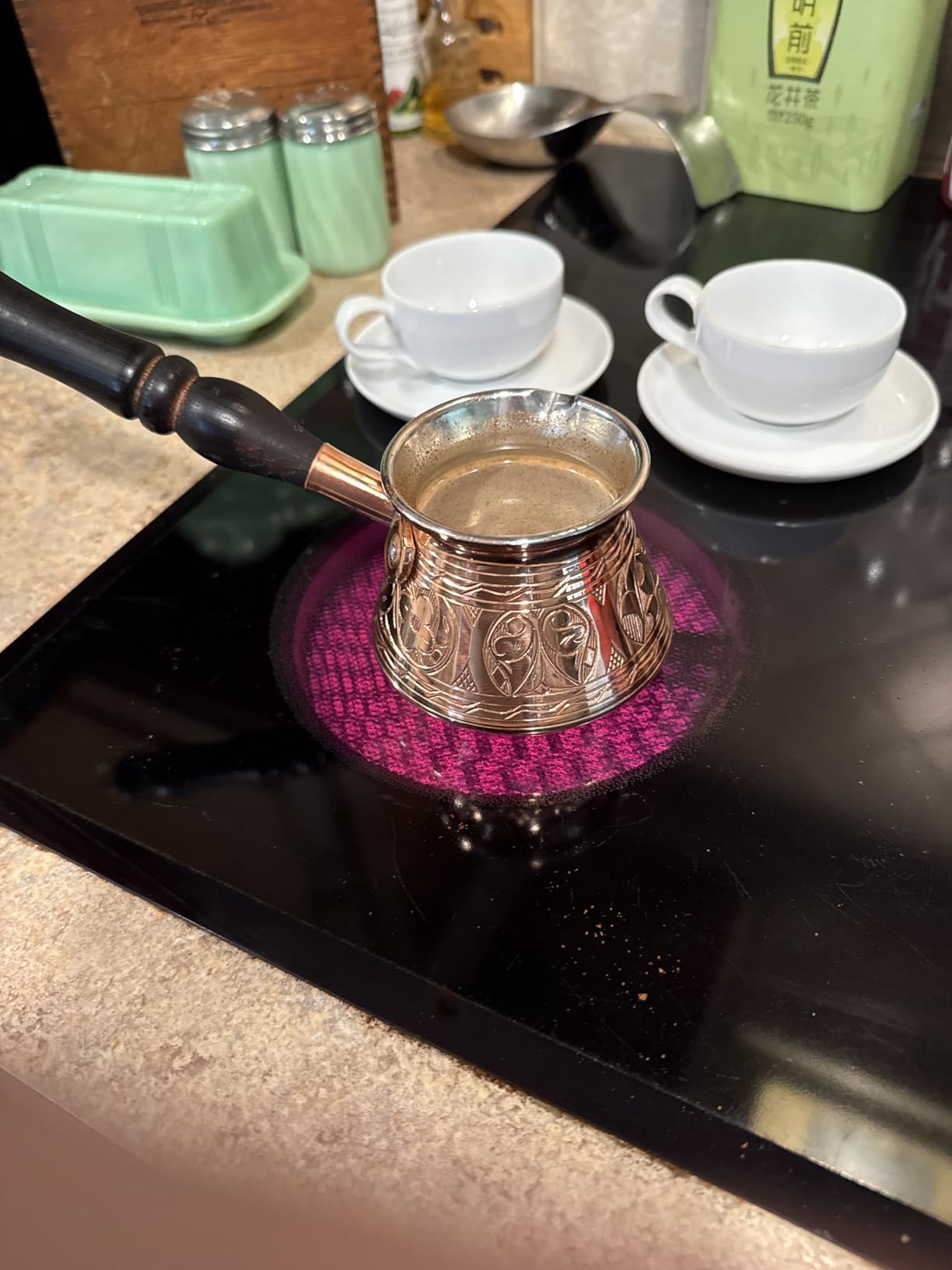 DEMMEX Copper Turkish Coffee Pot Cezve Ibrik Greek Coffee Briki Stovetop Coffee Maker with Wooden Handle & Spoon, 1mm Thick Copper, Handmade & Engraved in TURKEY, 9 fl Oz - 3 Servings customer photo 2