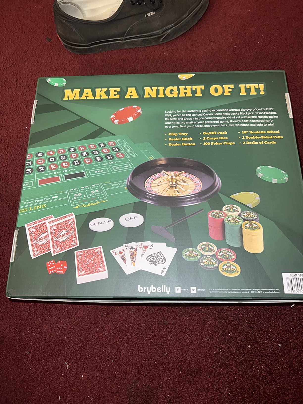 Brybelly Casino Night 4-in-1 Complete Game Set with Felts, Wheel, 100 Chips, Dice & Cards for Blackjack, Craps, Roulette & Texas Hold'em - Green Felt Double Sided Casino Tabletop Gaming Mat customer photo 1