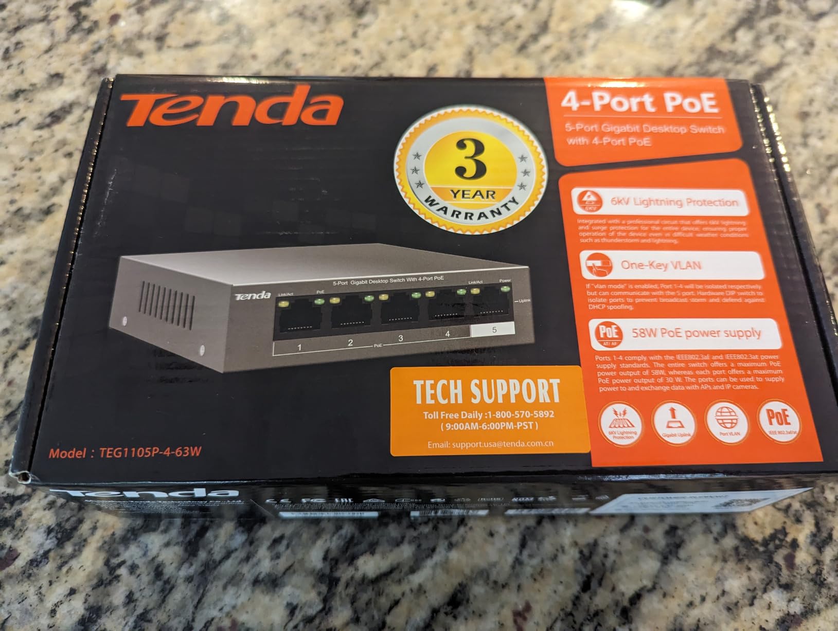 Tenda 5 Port Gigabit PoE Switch, Ethernet Switch with 4 Port PoE+@63W, Plug & Play, VLAN/Extend Mode, Desktop Network Splitter Hub for IP Cameras/VoIP Phones/APs, Fanless Metal, Wall Mount (TEG1105P) customer photo 2