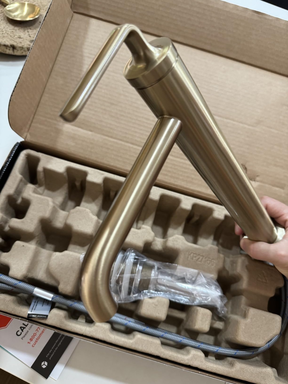 KRAUS Ramus Single Handle Vessel Sink Bathroom Faucet with Pop-Up Drain in Brushed Gold, KVF-1220BG customer photo 1