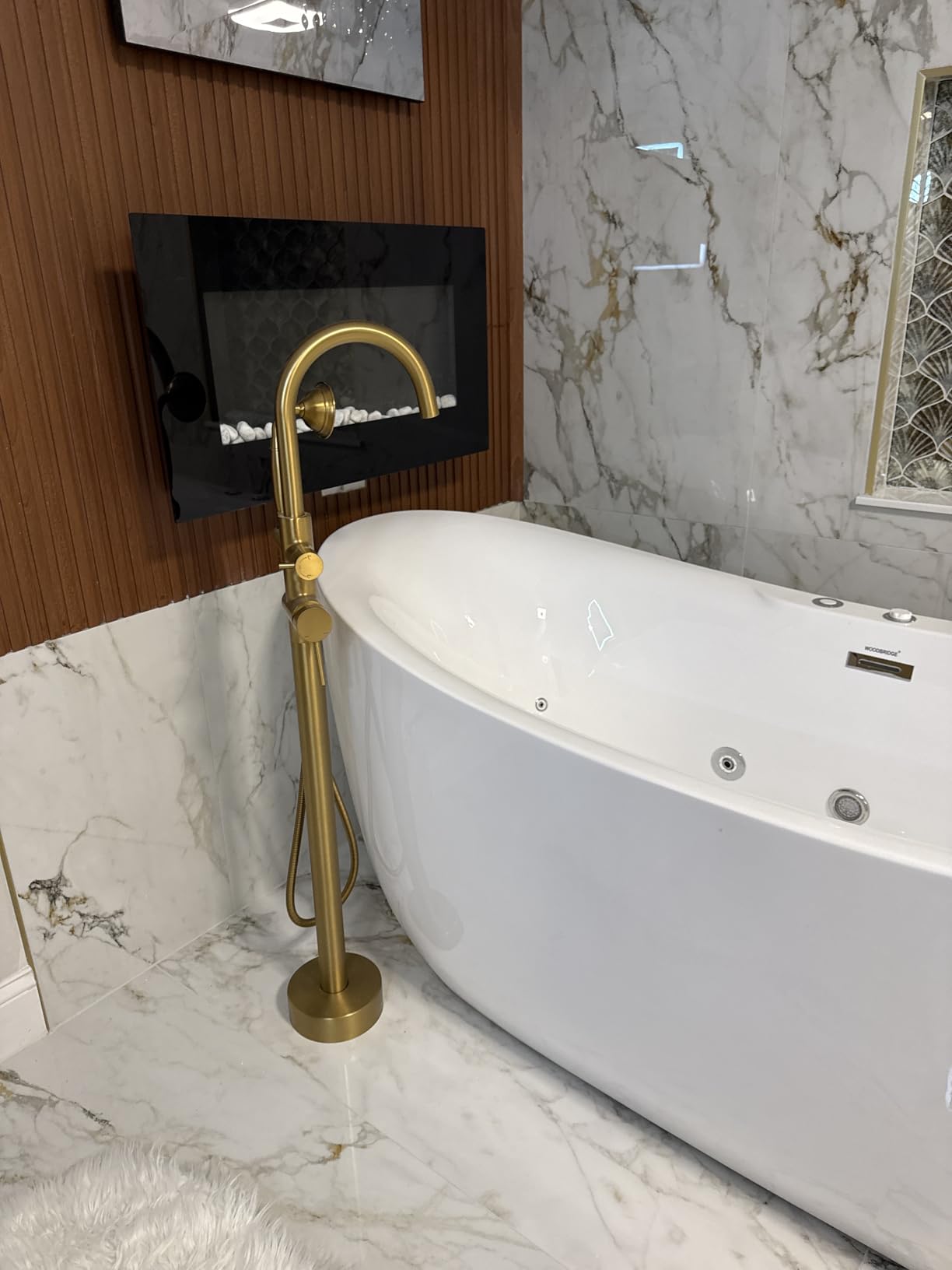 Wowkk Tub Filler Freestanding Bathtub Faucet Brushed Nickel Floor Mounted Brass Bathroom Tub Faucets with Hand Shower customer photo 1