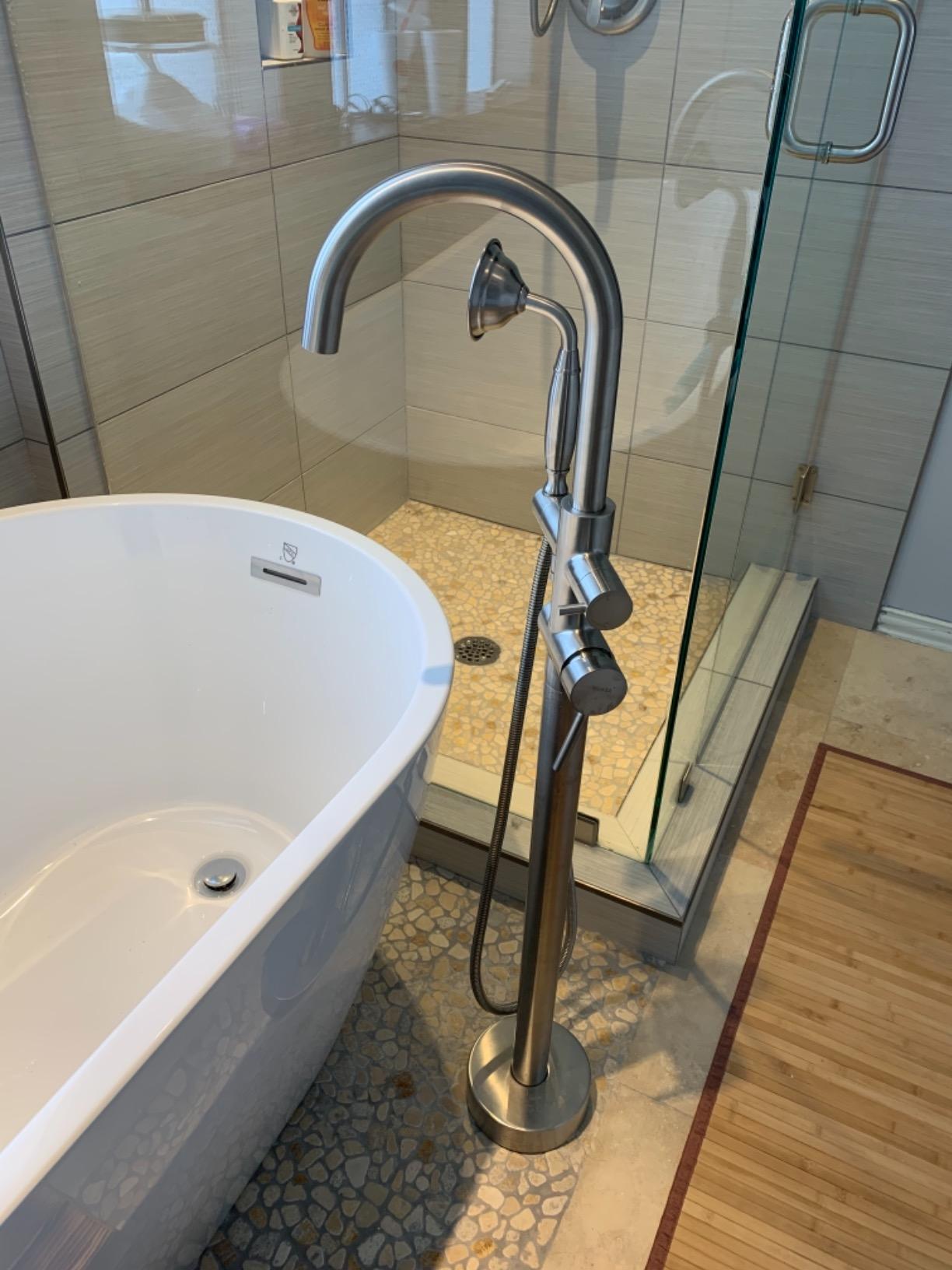 Wowkk Tub Filler Freestanding Bathtub Faucet Brushed Nickel Floor Mounted Brass Bathroom Tub Faucets with Hand Shower customer photo 2