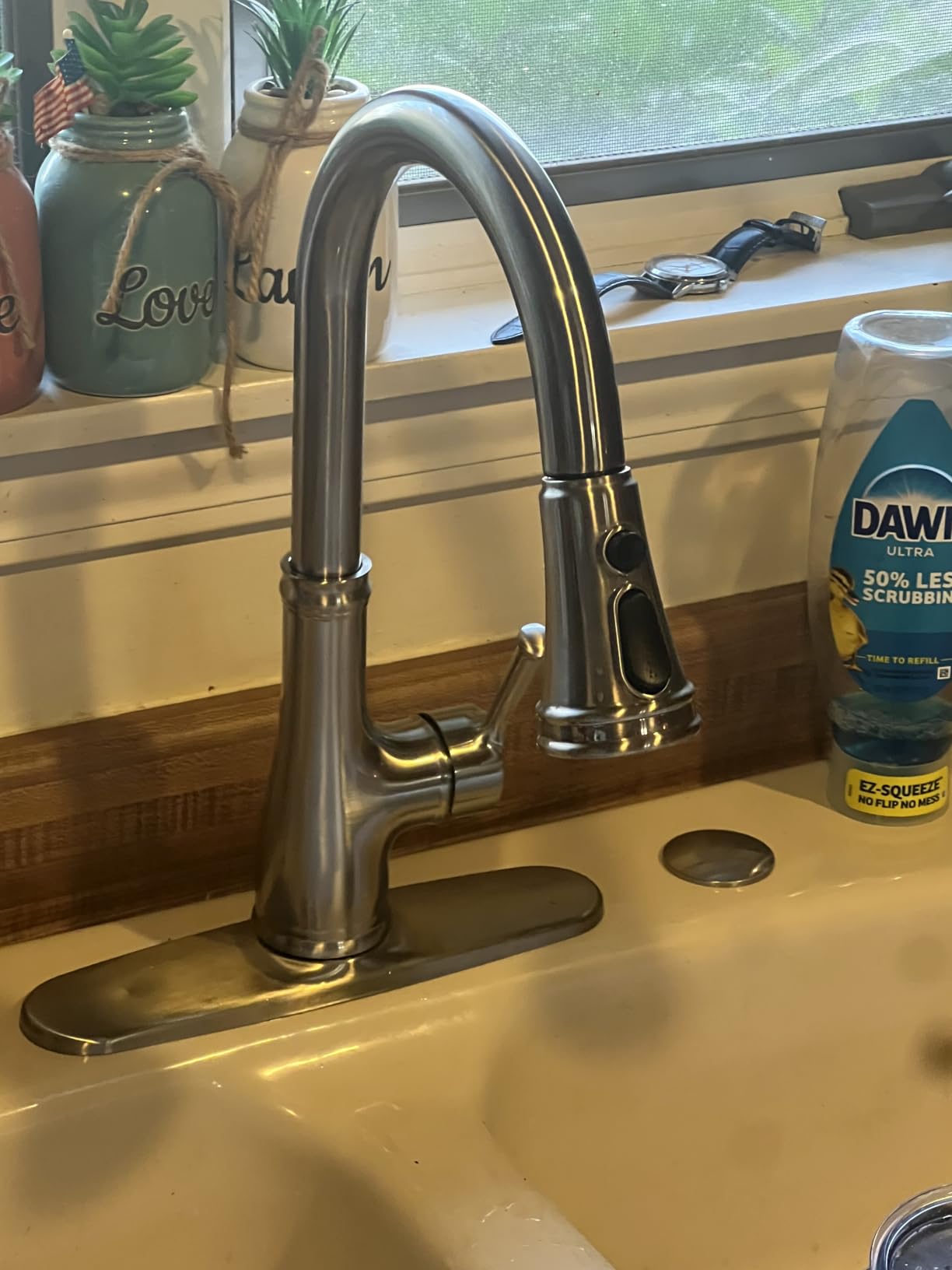 WEWE Vintage Kitchen Faucet, Pull-Down Sprayer, Brushed Nickel, High Arc | 3 Modes Sprayer, 360 Swivel, SUS304, Fits 1- or 3-Hole Sinks, 20-Inch Hose, Ceramic Cartridge, Fits Bar & Prep Sinks customer photo 1
