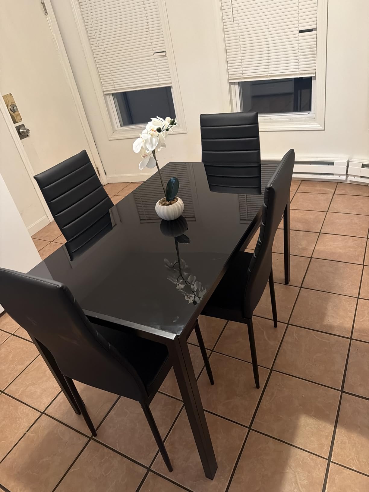 FDW 5-Piece Dining Table Set Black Glass Kitchen Table With 4 Upholstered Chairs and Faux Leather Cushions Space-Saving Modern Design Easy to Assemble for Dining Room customer photo 2