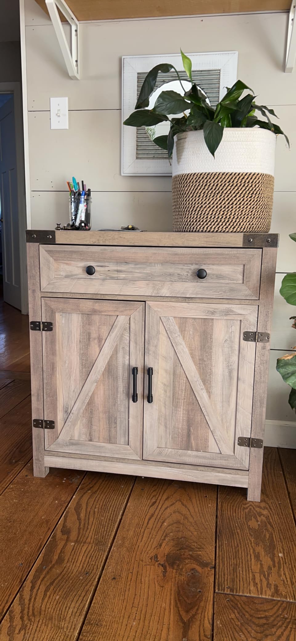 Walker Edison Cass Modern Farmhouse Double Barn Door Accent Cabinet, 30 Inch, Rustic Oak, Without Fireplace customer photo 2