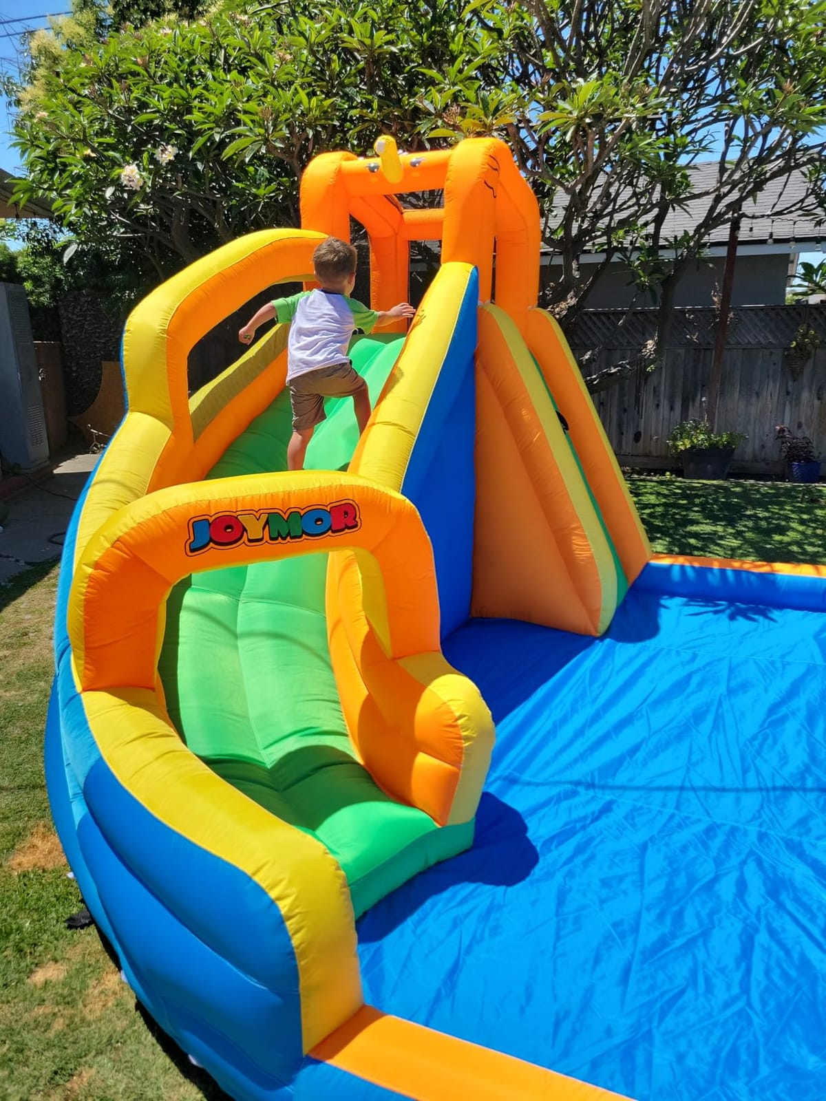 JOYMOR Inflatable Water Slide Park with Splash Pool, Climbing Wall, Water Cannon, Blow up Water Slides for Backyard Outdoor Fun Summer Water Plays for Party Birthday Gift (Orange & Yellow) customer photo 1