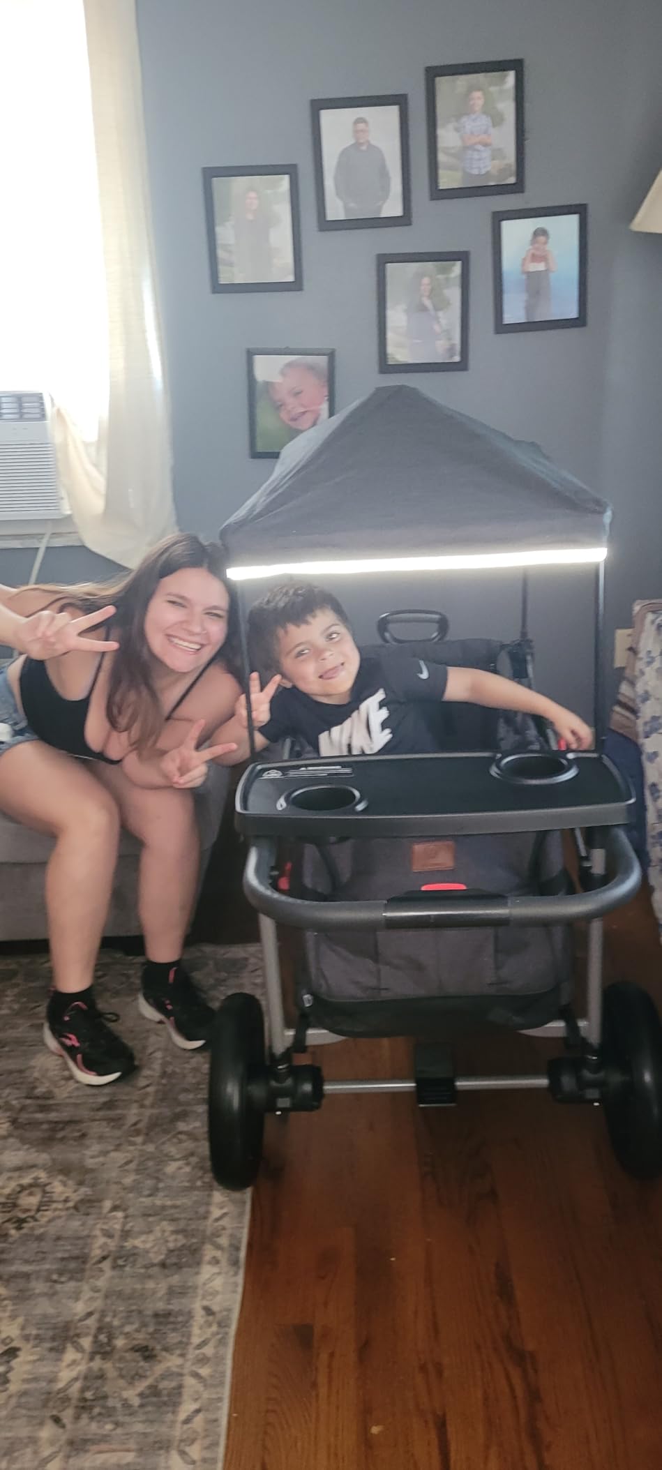 EVER ADVANCED Foldable Wagons for Two Kids & Cargo, Collapsible Folding Stroller with Adjustable Handle Bar, Removable Canopy with 5-Point Harness Gray customer photo 2