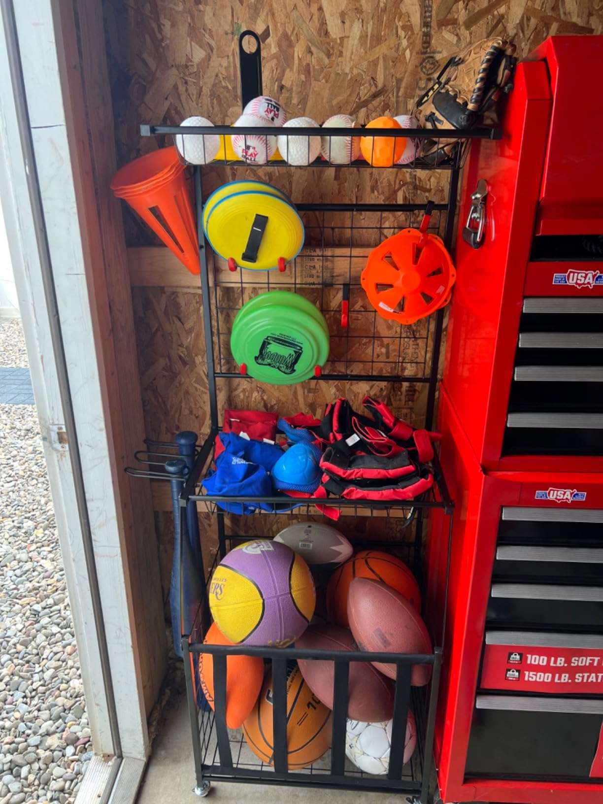 PLKOW Sports Equipment Storage for Garage, Indoor/Outdoor Sports Rack for Garage, Ball Storage Garage Organizer with Basket and Hooks,Toy/Sports Gear Storage customer photo 2