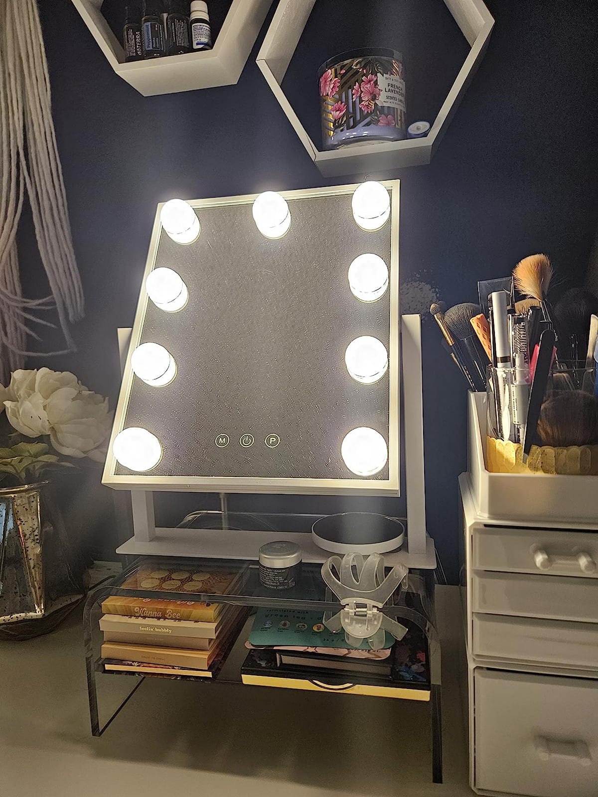 BWLLNI Lighted Makeup Mirror, White Vanity Mirror with Lights, 9 LED Bulbs | Hollywood Mirror Touch Control Design 3 Colors Dimable LED Bulbs, Detachable 10X Magnification, 360°Rotation, 12