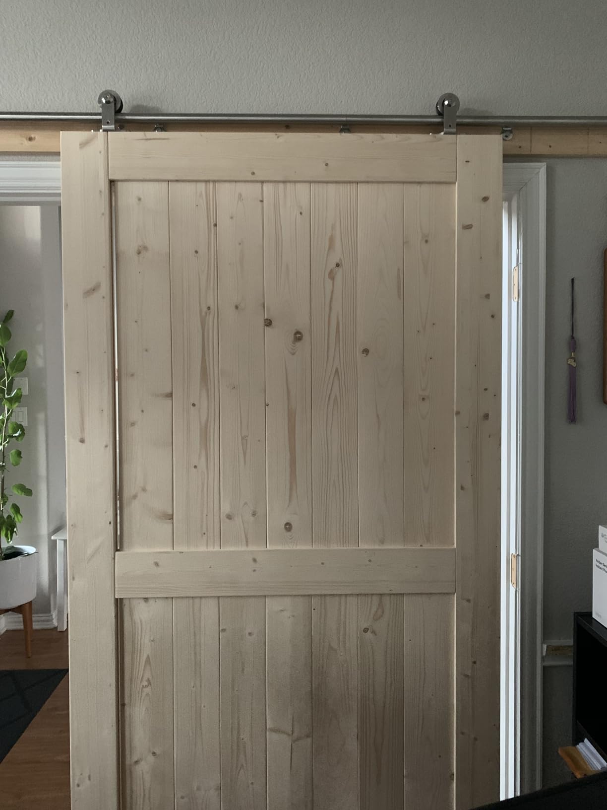 EaseLife 36in x 84in Sliding Barn Wood Door, Interior Doors, DIY Assemblely, Solid Natural Spruce Panelled Slab, Easy Install, Apply to Rooms & Storage Closet, H-Frame customer photo 1