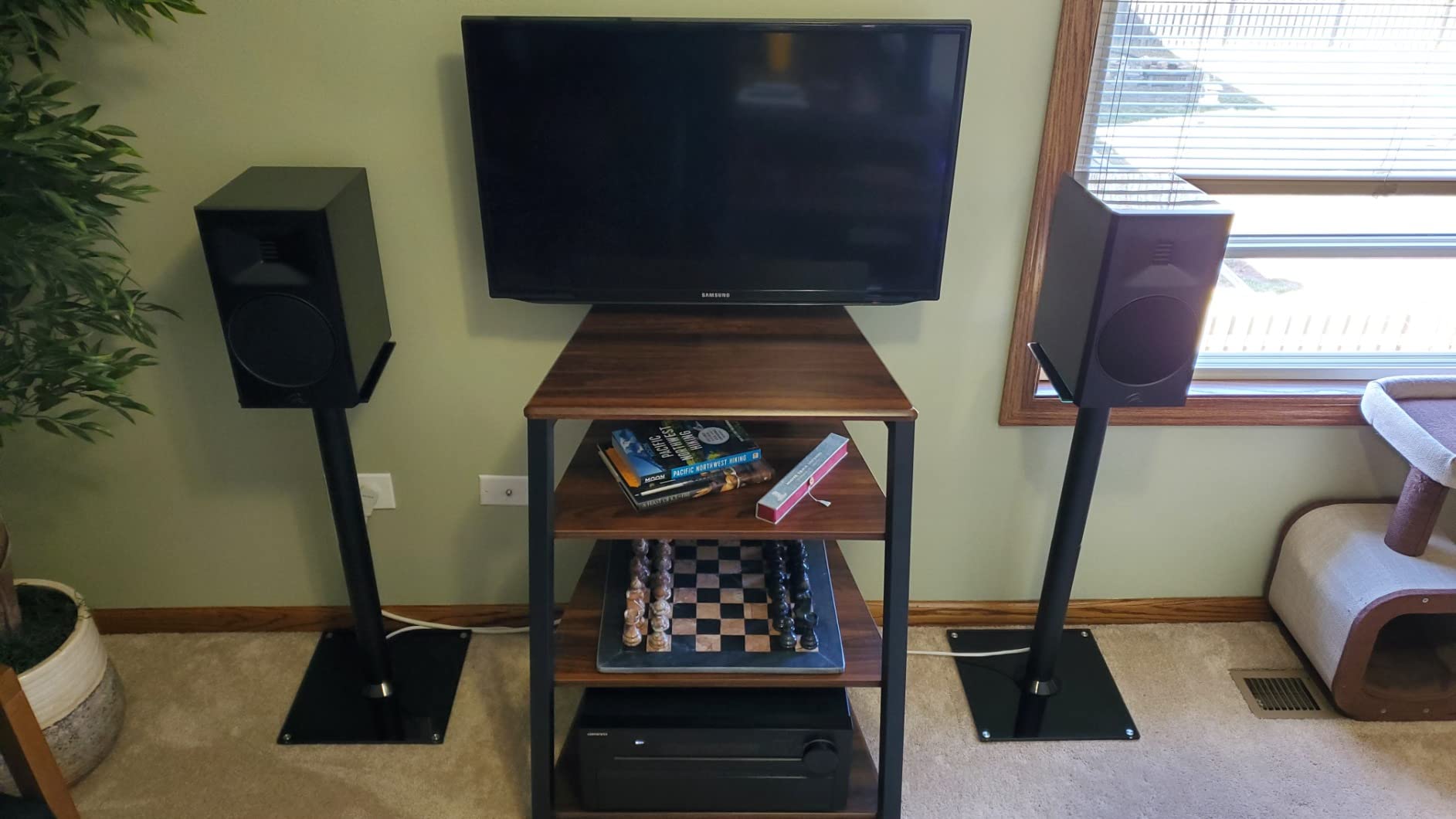 FITUEYES 4-Tier AV Media Stand Corner Shelf for Record Player Wooden Stereo Cabinet Audio Rack Tower with Height Adjustable Wooden Shelves for ps4 (Walnut) customer photo 1