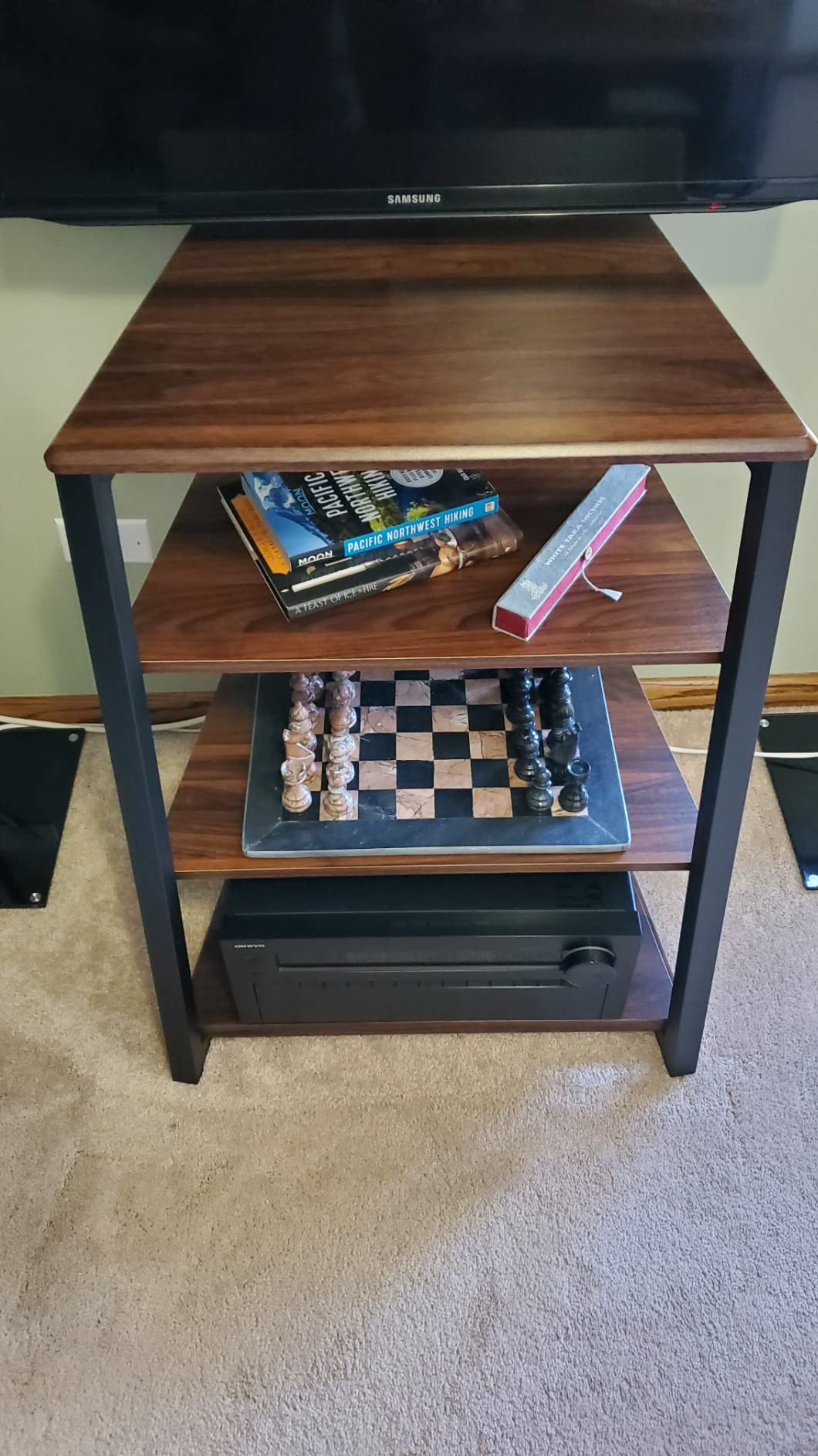 FITUEYES 4-Tier AV Media Stand Corner Shelf for Record Player Wooden Stereo Cabinet Audio Rack Tower with Height Adjustable Wooden Shelves for ps4 (Walnut) customer photo 2