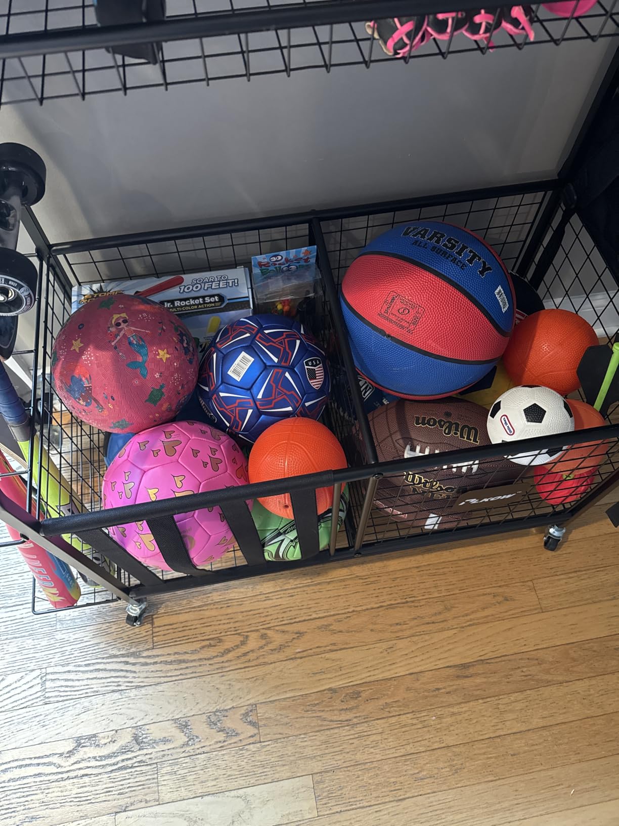 PLKOW Sports Equipment Storage for Garage, Indoor/Outdoor Sports Rack for Garage, Ball Storage Garage Organizer with Basket and Hooks,Toy/Sports Gear Storage customer photo 2