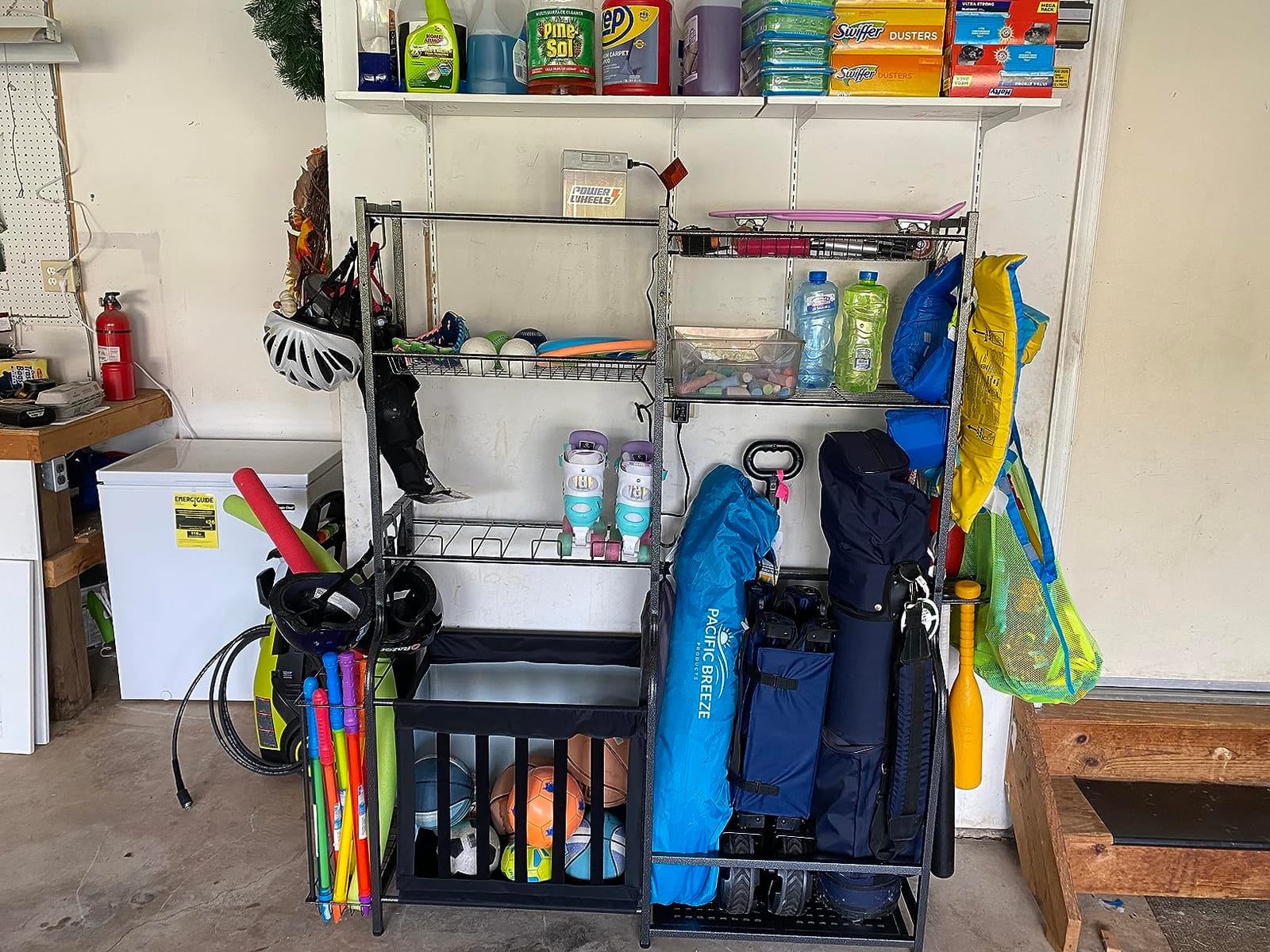 Mythinglogic Sports Equipment Organizer for Garage with Golf Bag Storage | Large metal rack organizes golf bags, sports balls, bats, rackets, skates and accessories with shelves, baskets and hooks customer photo 2