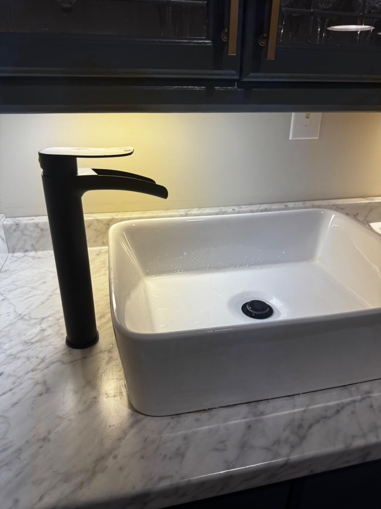 Phiestina Brushed Nickel Tall Bathroom Vessel Sink Faucet, Single Hole Single Handle Waterfall Modern Above Countertop Sink Bathroom Faucet, with Pop Up Drain and Water Supply Line customer photo 2