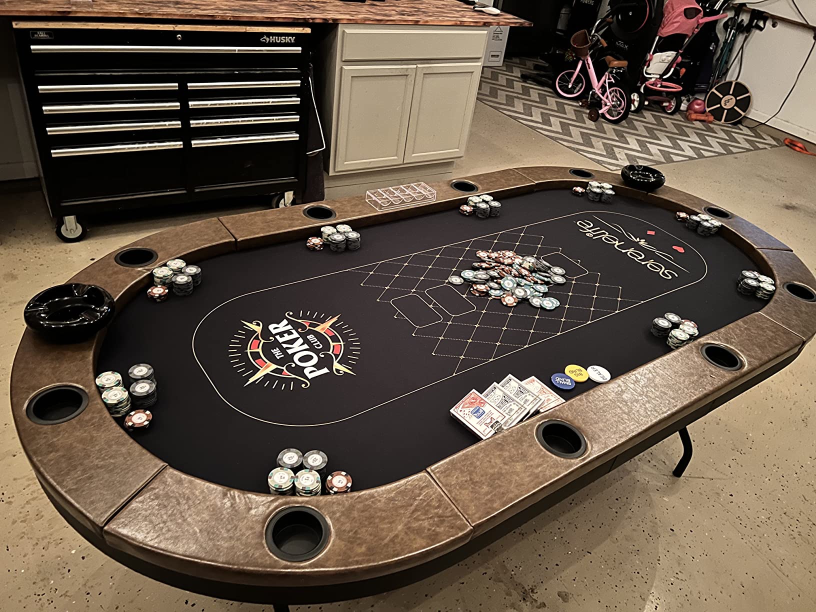 7ft Poker Table for 10 Players - Heavy Duty Oval Texas Hold'em Casino Table for Game Room, 25mm Reinforced Metal Legs, Durable Black PVC Rail, 10 Deep Cup Holders & Professional Layout customer photo 1