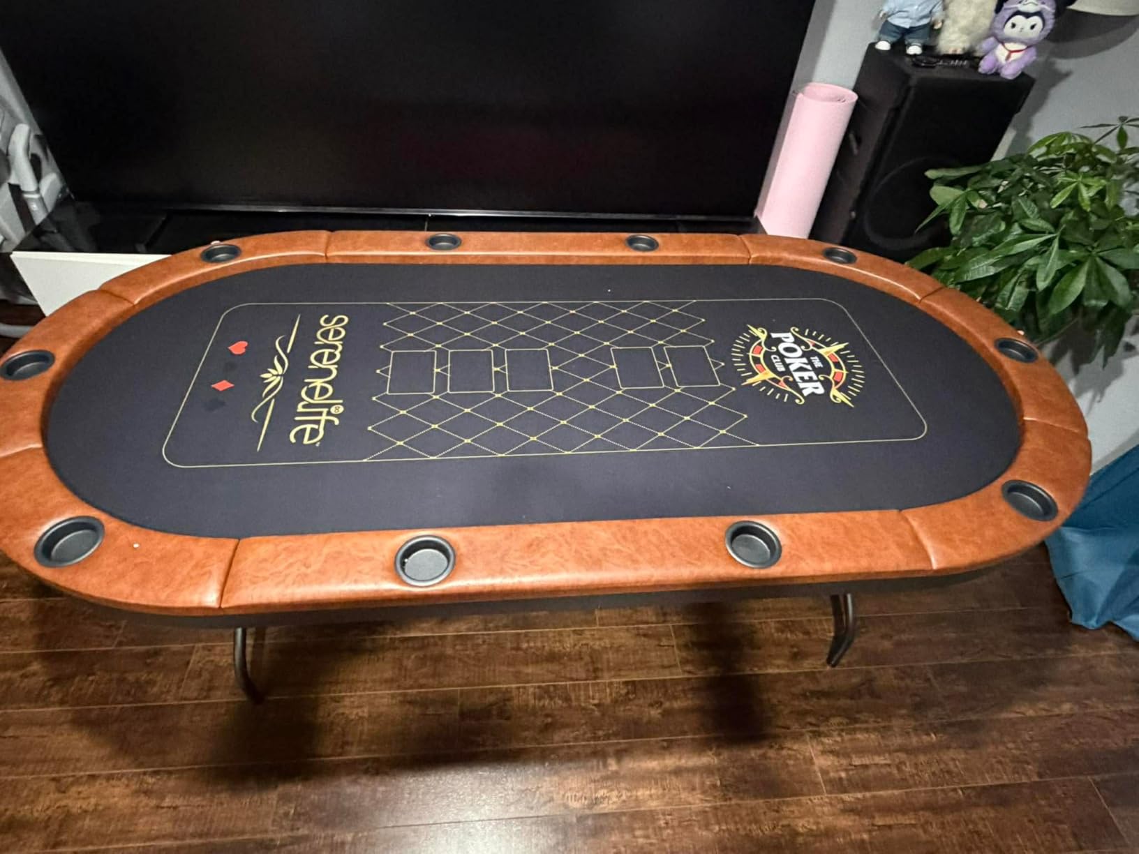 7ft Poker Table for 10 Players - Heavy Duty Oval Texas Hold'em Casino Table for Game Room, 25mm Reinforced Metal Legs, Durable Black PVC Rail, 10 Deep Cup Holders & Professional Layout customer photo 2