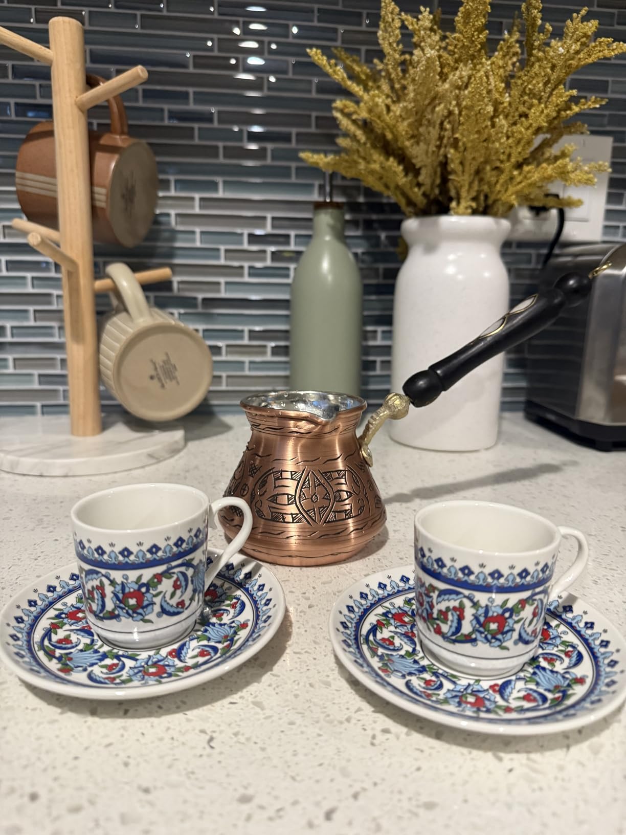 BCS 12 oz Handmade Copper Turkish Coffee Pot, Hand-Engraved Cezve & Spoon | Greek/Arabic Coffee Maker Briki/ibrik | Made in Turkey | Tin Lined | Gas & Electric Stovetops; Not Induction | Wooden Spoon customer photo 1